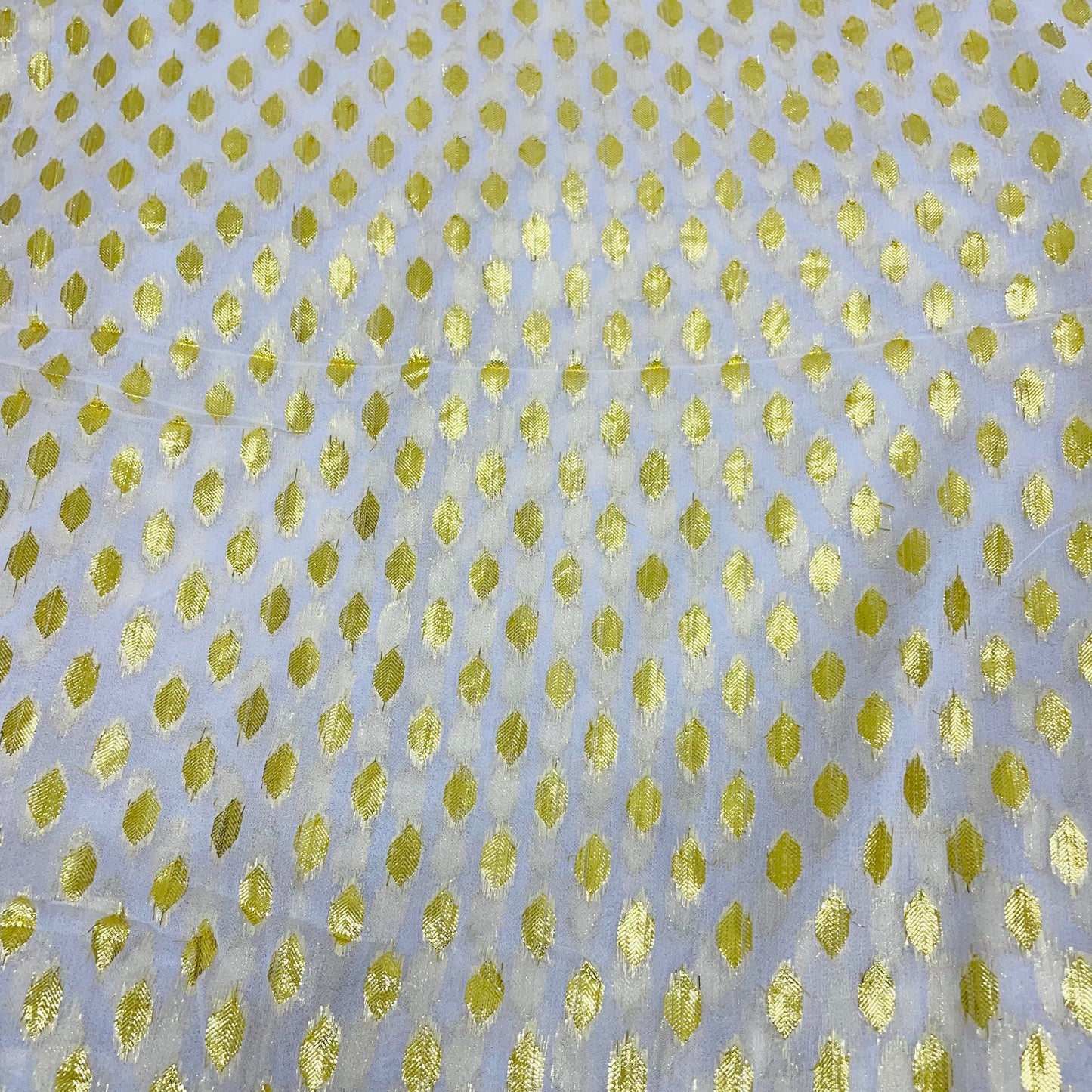White with Golden Lurex Floral Print Georgette Jacquard Dyeable Fabric