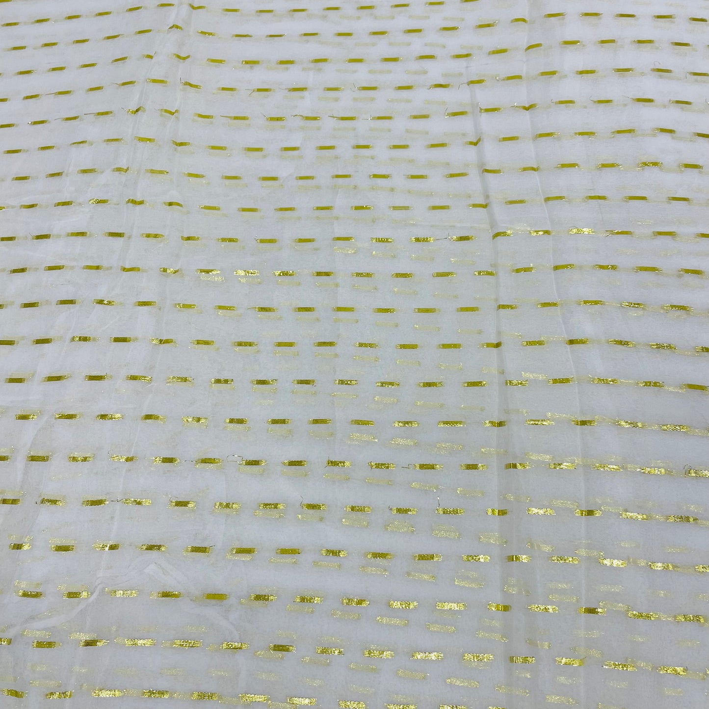 White with Golden Lurex Stripes Georgette Jacquard Dyeable Fabric