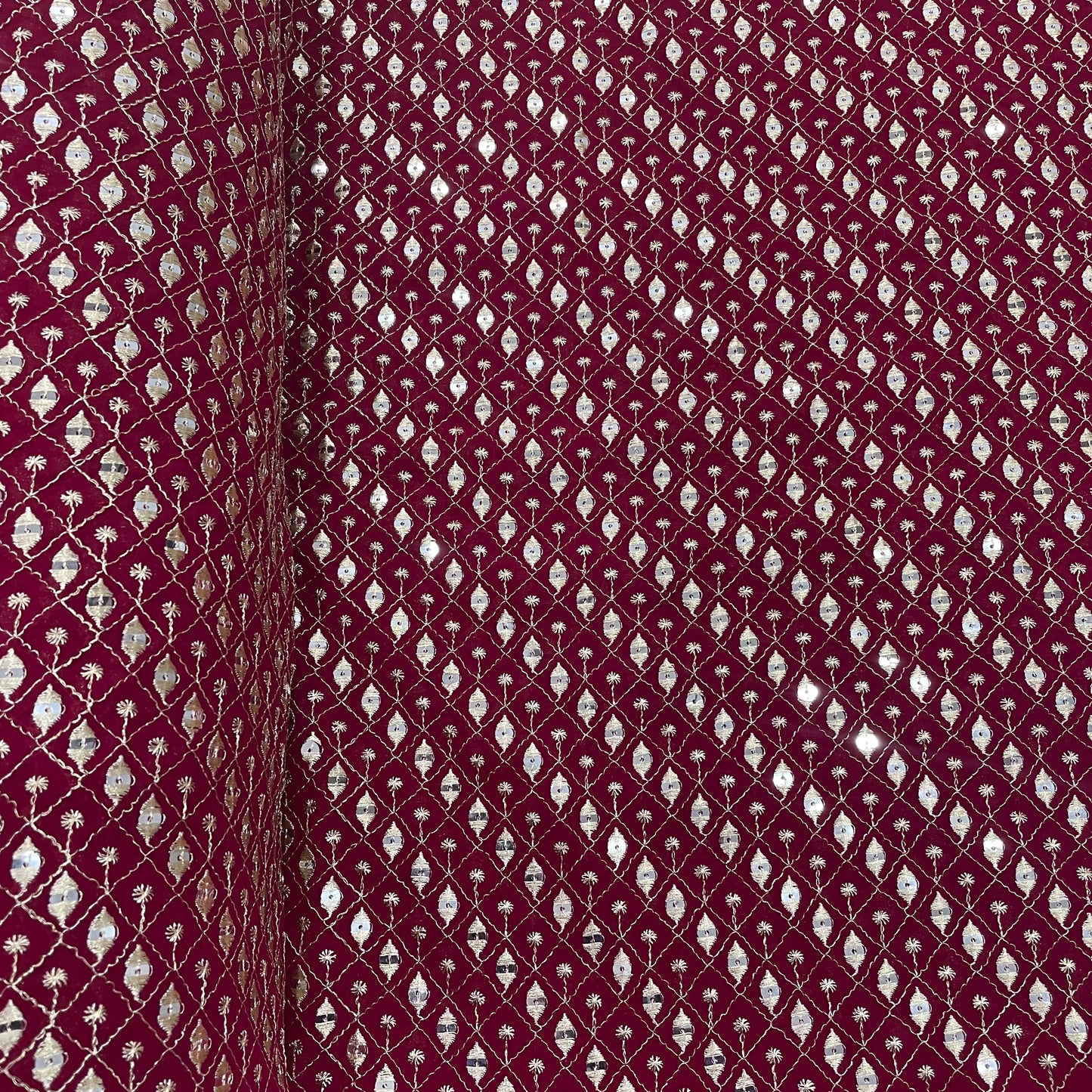 Red Maroon Check Embroidery Sequence Georgette Fabric - TradeUNO