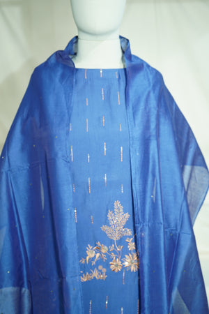 Blue Embroidered Coord Set(Top,Bottom,Scarf-Muslin)
