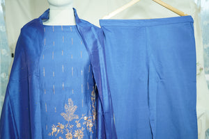 Blue Embroidered Coord Set(Top,Bottom,Scarf-Muslin)