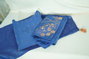Blue Embroidered Coord Set(Top,Bottom,Scarf-Muslin)