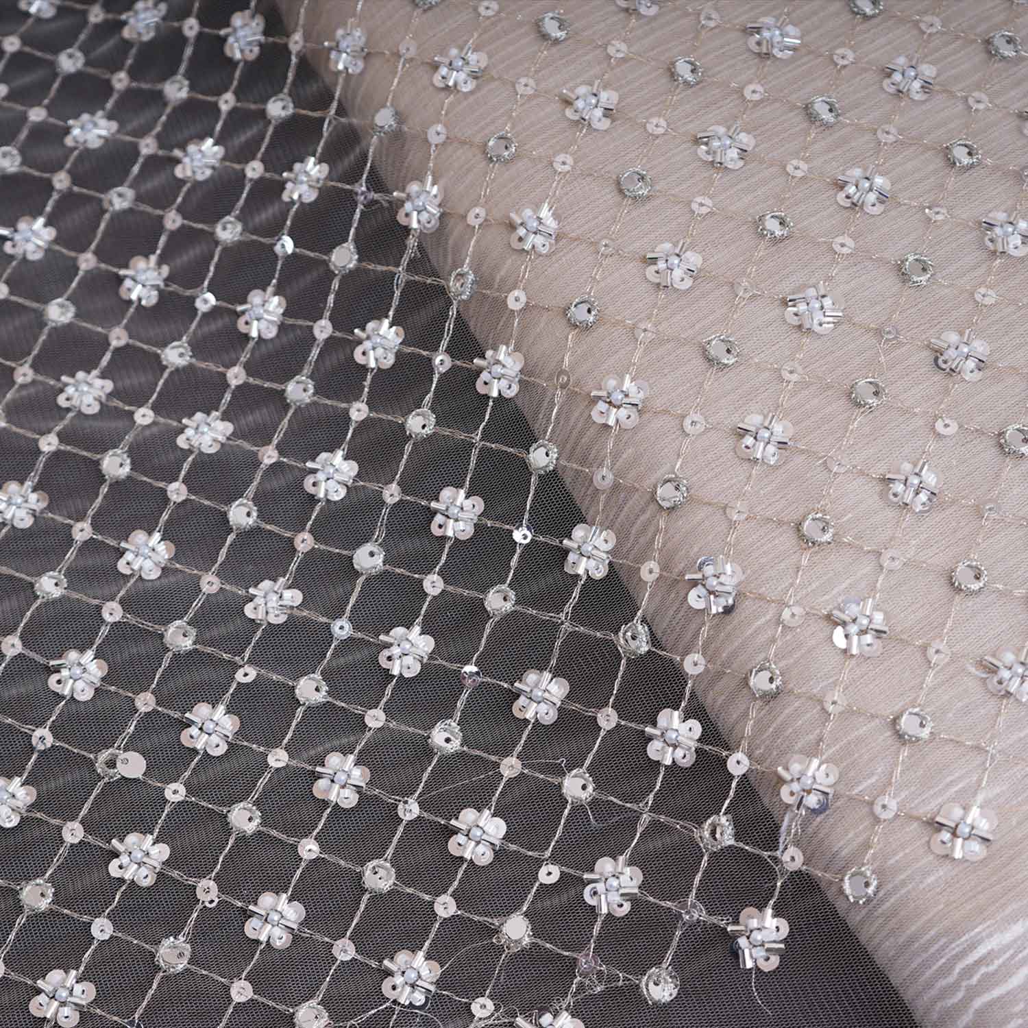 Golden Cutdana embroidery mirror work Dyeable Net Fabric AC-29014 - TradeUNO