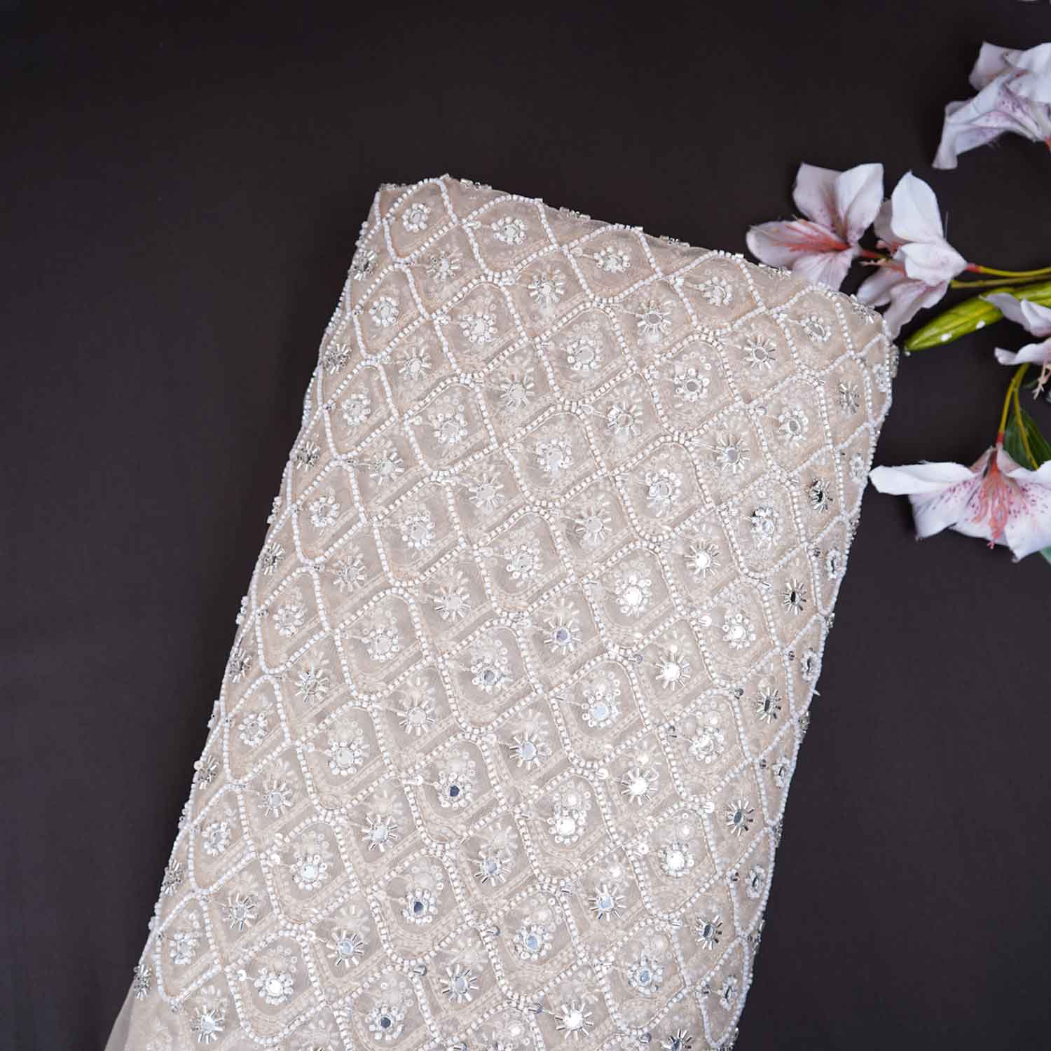 Golden Cutdana embroidery mirror work Dyeable Net Fabric AC-29015 - TradeUNO