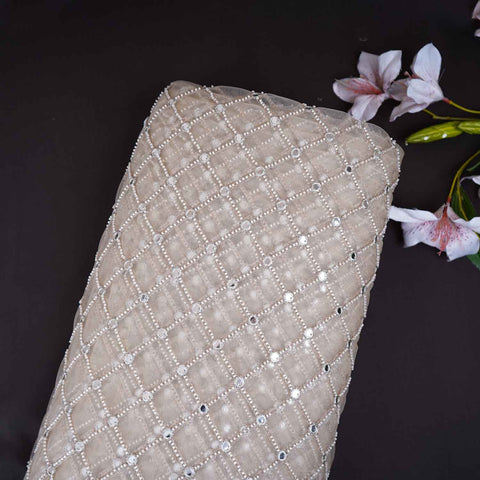 Golden Cutdana embroidery mirror work Dyeable Net Fabric AC-29016