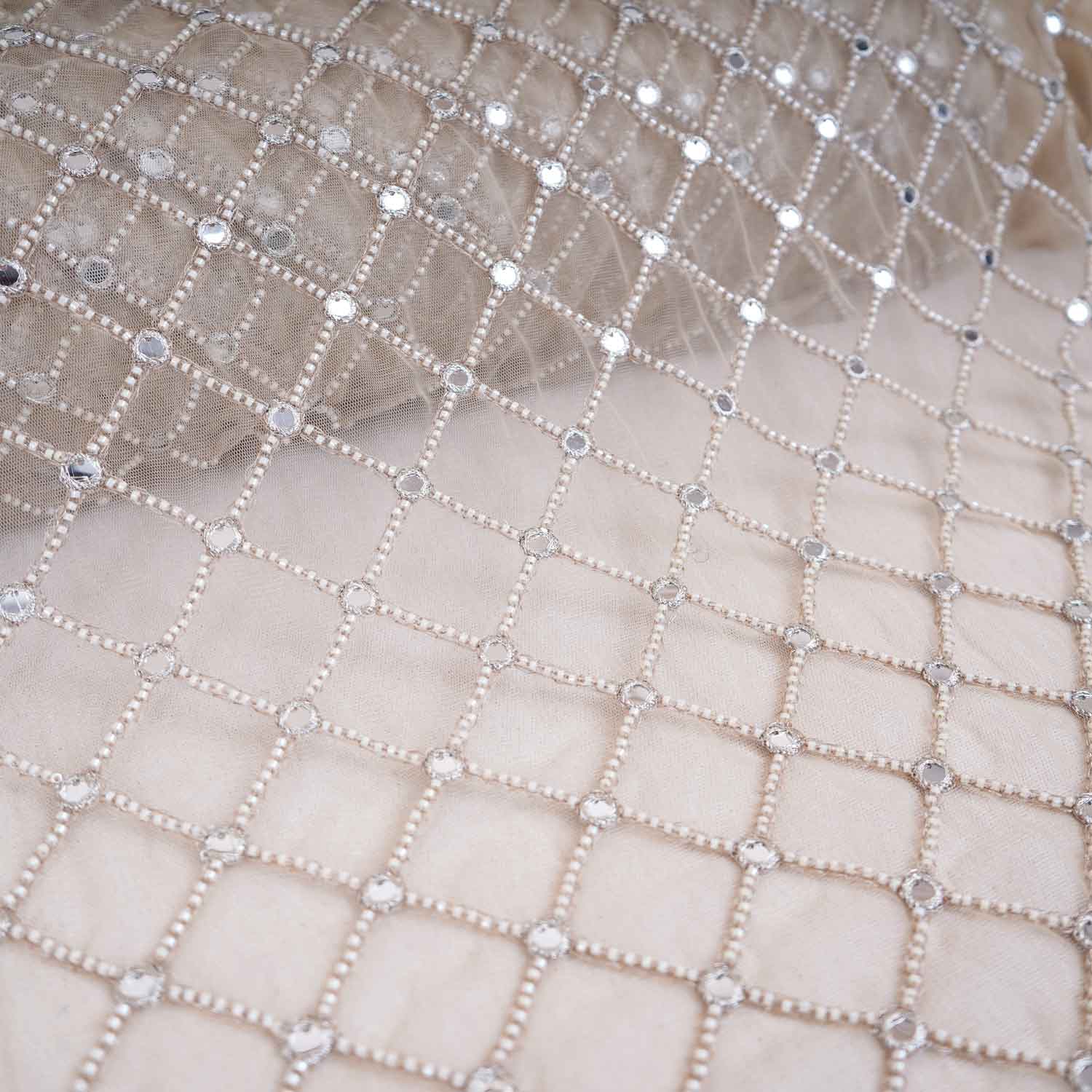 Golden Cutdana embroidery mirror work Dyeable Net Fabric AC-29016 - TradeUNO