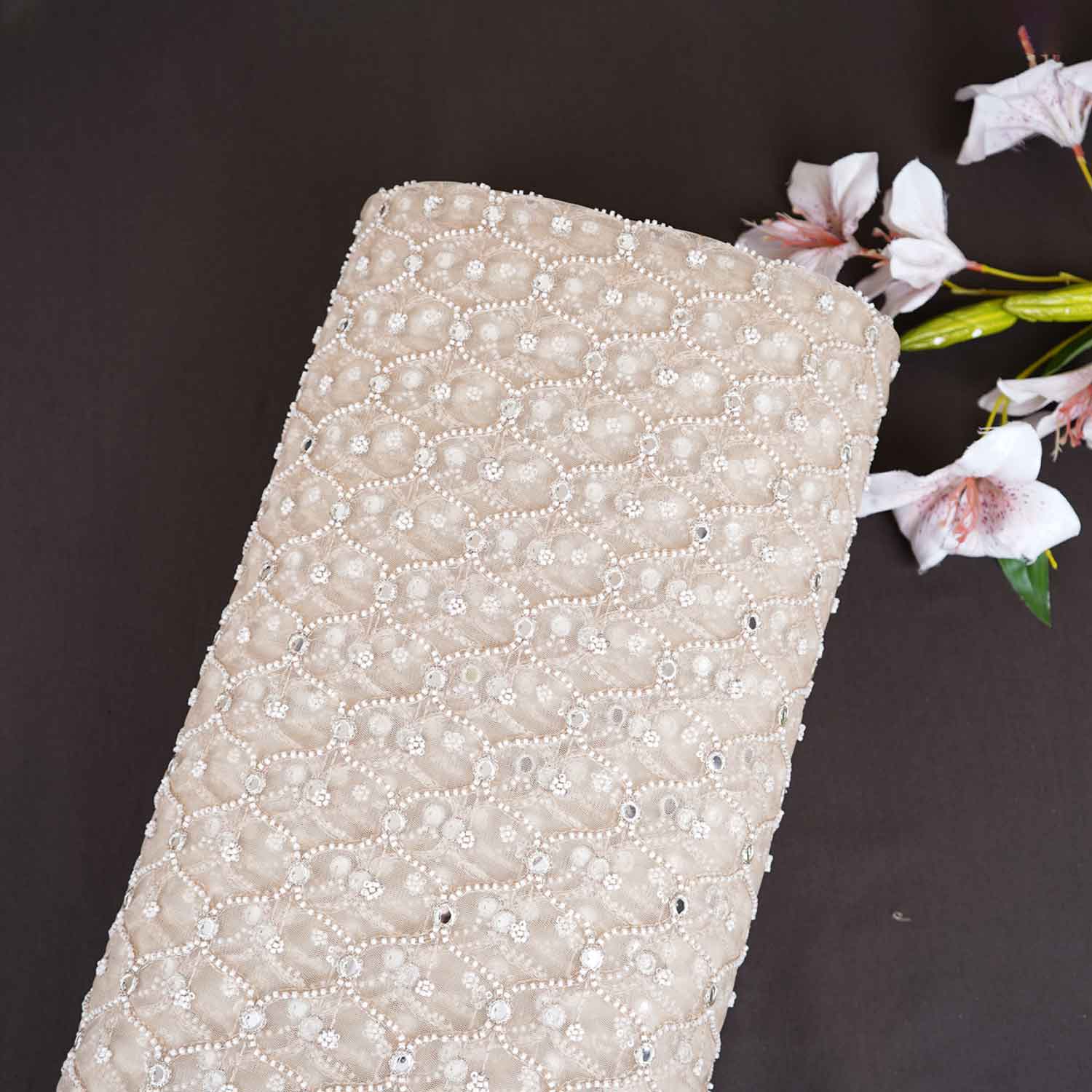 Golden Cutdana embroidery mirror work Dyeable Net Fabric AC-29017 - TradeUNO