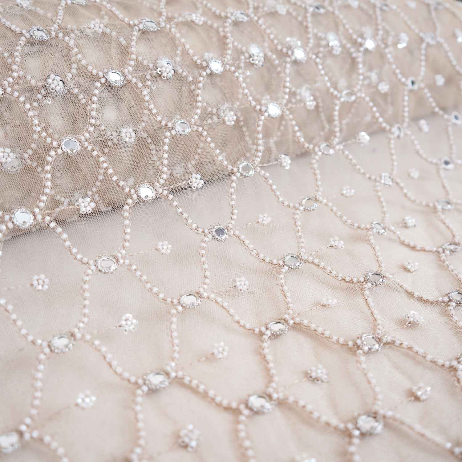 Golden Cutdana embroidery mirror work Dyeable Net Fabric AC-29017 - TradeUNO