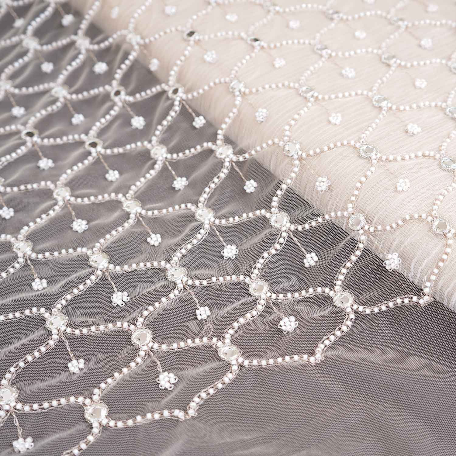 Golden Cutdana embroidery mirror work Dyeable Net Fabric AC-29017 - TradeUNO