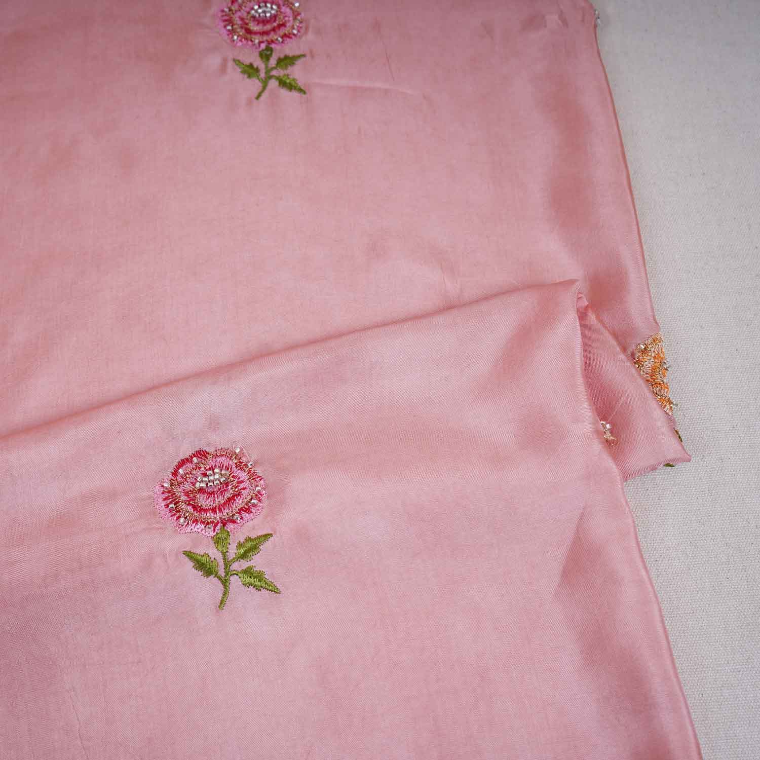 Peach Pink Floral Embroidery Bemberg Silk Fabric WI-29018 - TradeUNO
