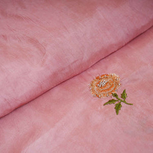 Peach Pink Floral Embroidery Bemberg Silk Fabric WI-29018 - TradeUNO