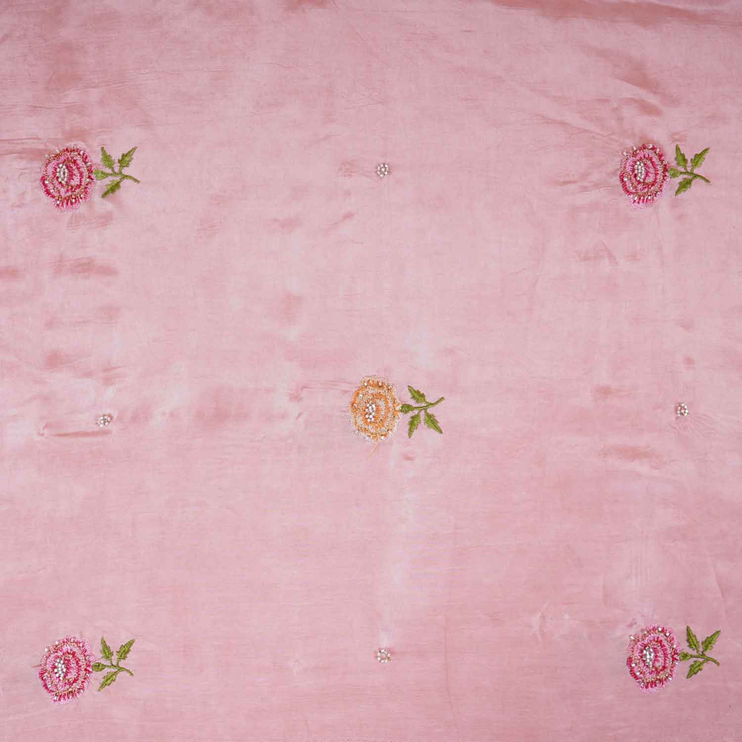 Peach Pink Floral Embroidery Bemberg Silk Fabric WI-29018 - TradeUNO