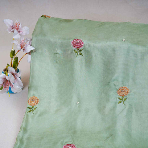Parrot Green Floral Embroidery Bemberg Silk Fabric WI-29019