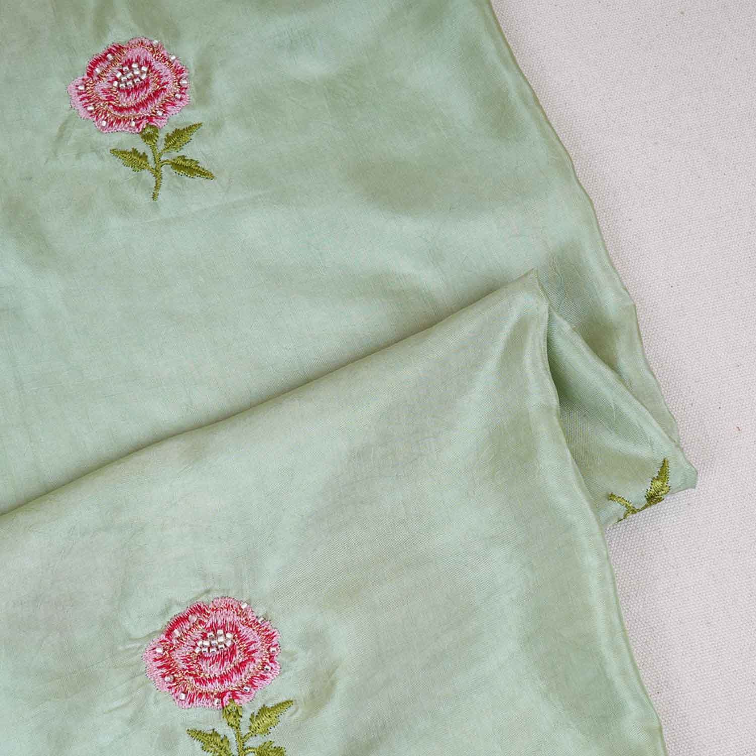 Parrot Green Floral Embroidery Bemberg Silk Fabric WI-29019 - TradeUNO