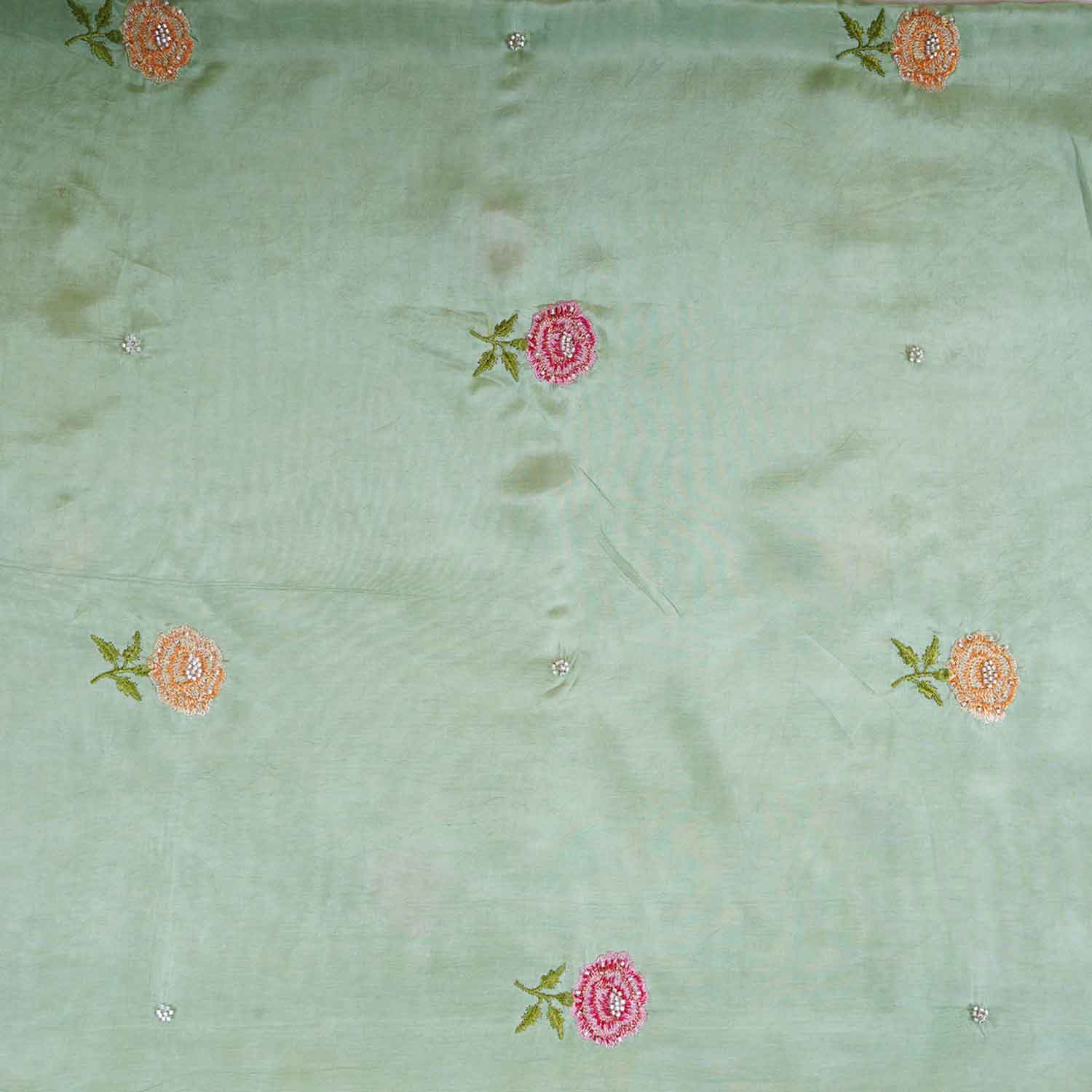 Parrot Green Floral Embroidery Bemberg Silk Fabric WI-29019 - TradeUNO