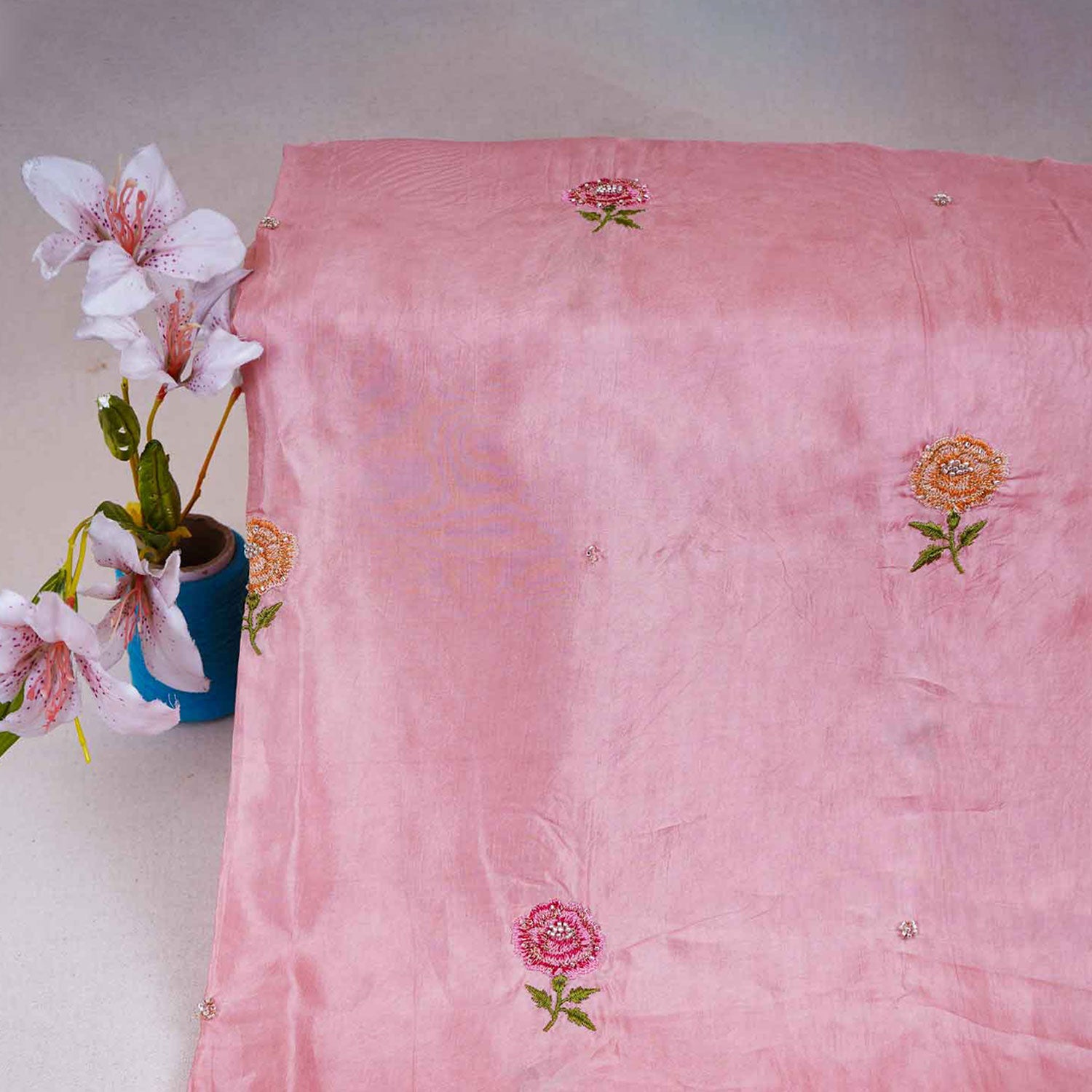 Peach Pink Floral Embroidery Bemberg Silk Fabric WI-29018 - TradeUNO