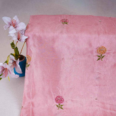 Peach Pink Floral Embroidery Bemberg Silk Fabric WI-29018