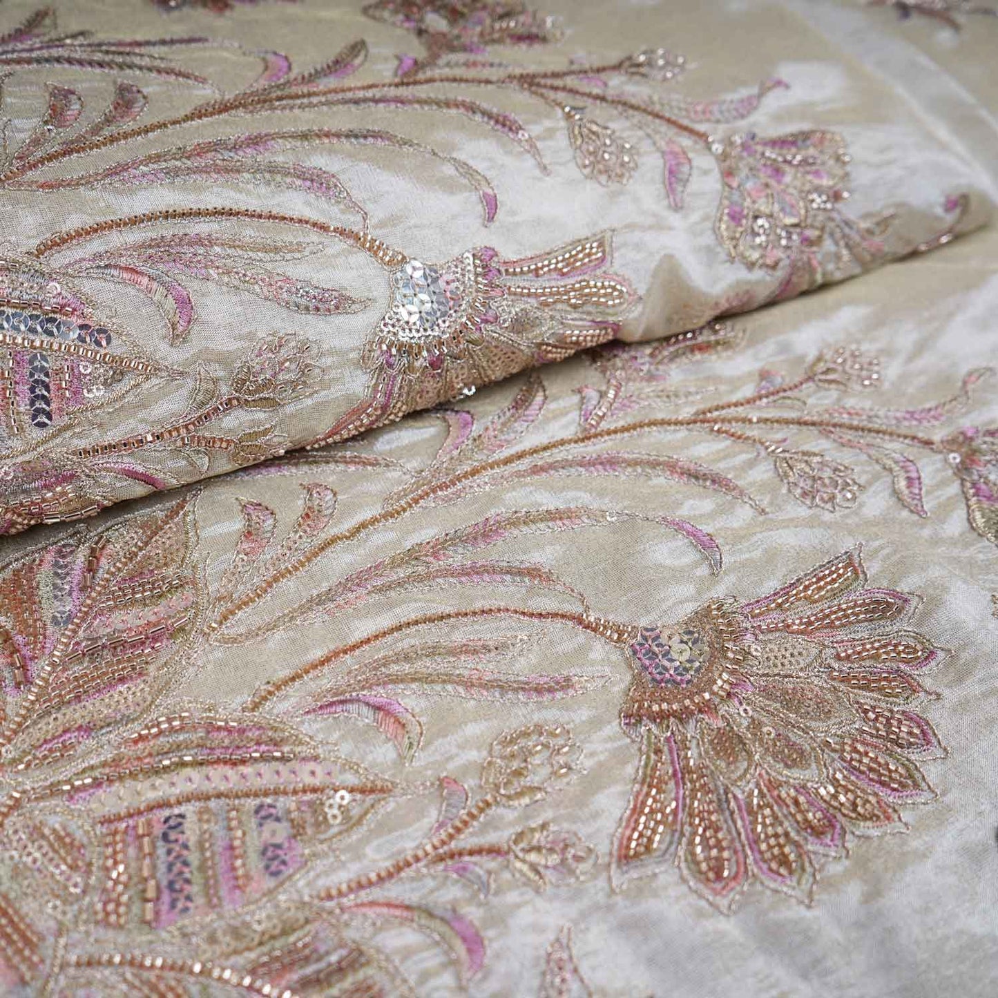 Golden Floral Cutdana Sequnis embroidery Tissue Fabric WI-29021
