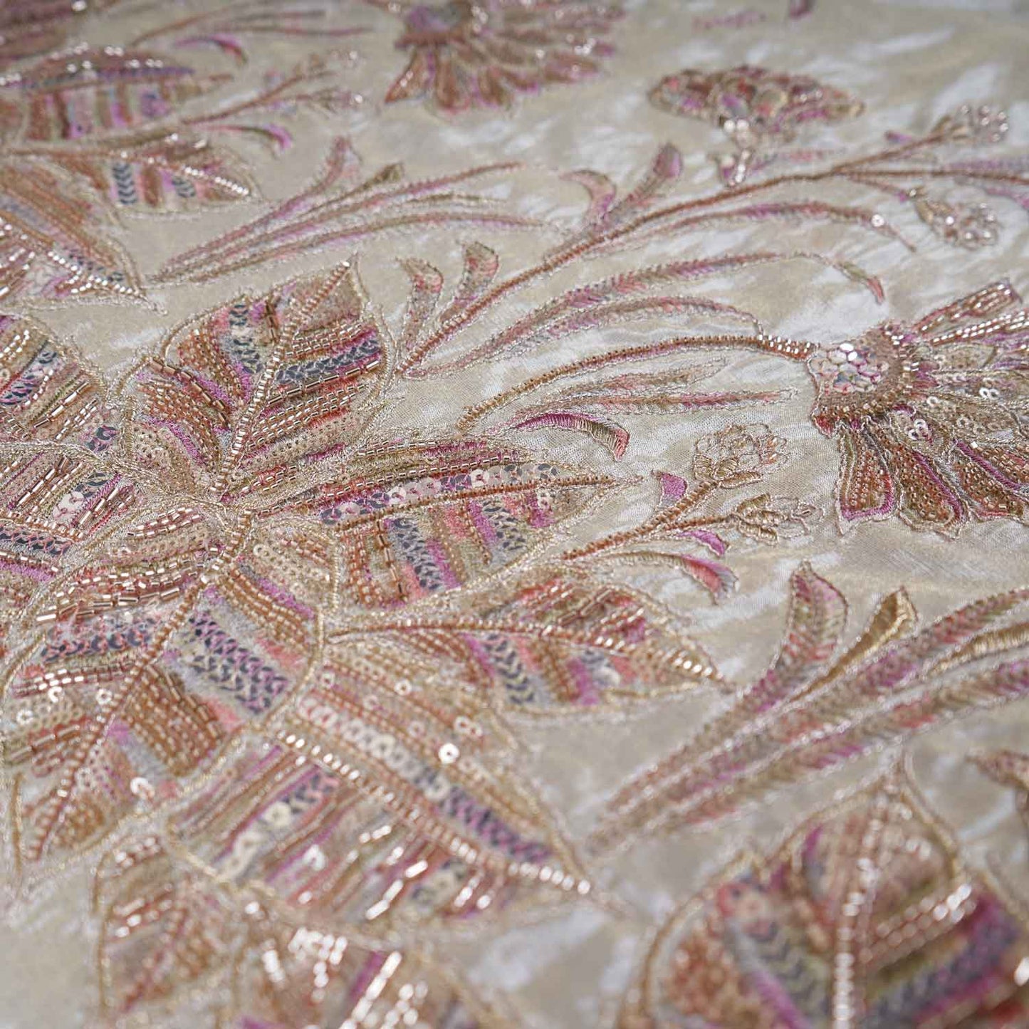 Golden Floral Cutdana Sequnis embroidery Tissue Fabric WI-29021