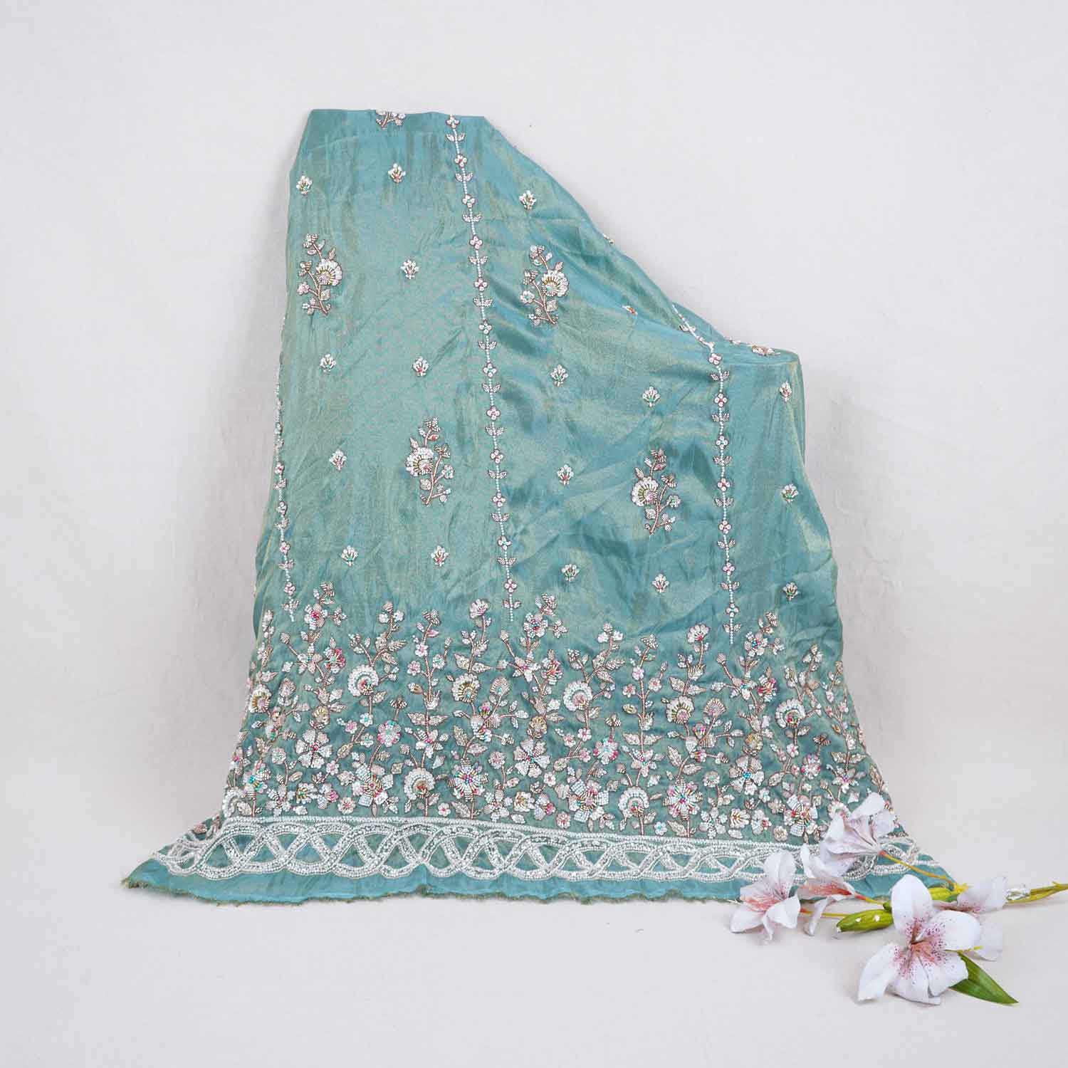 Sea Green Floral Cutdana embroidery Tissue Fabric WI-29022 - TradeUNO