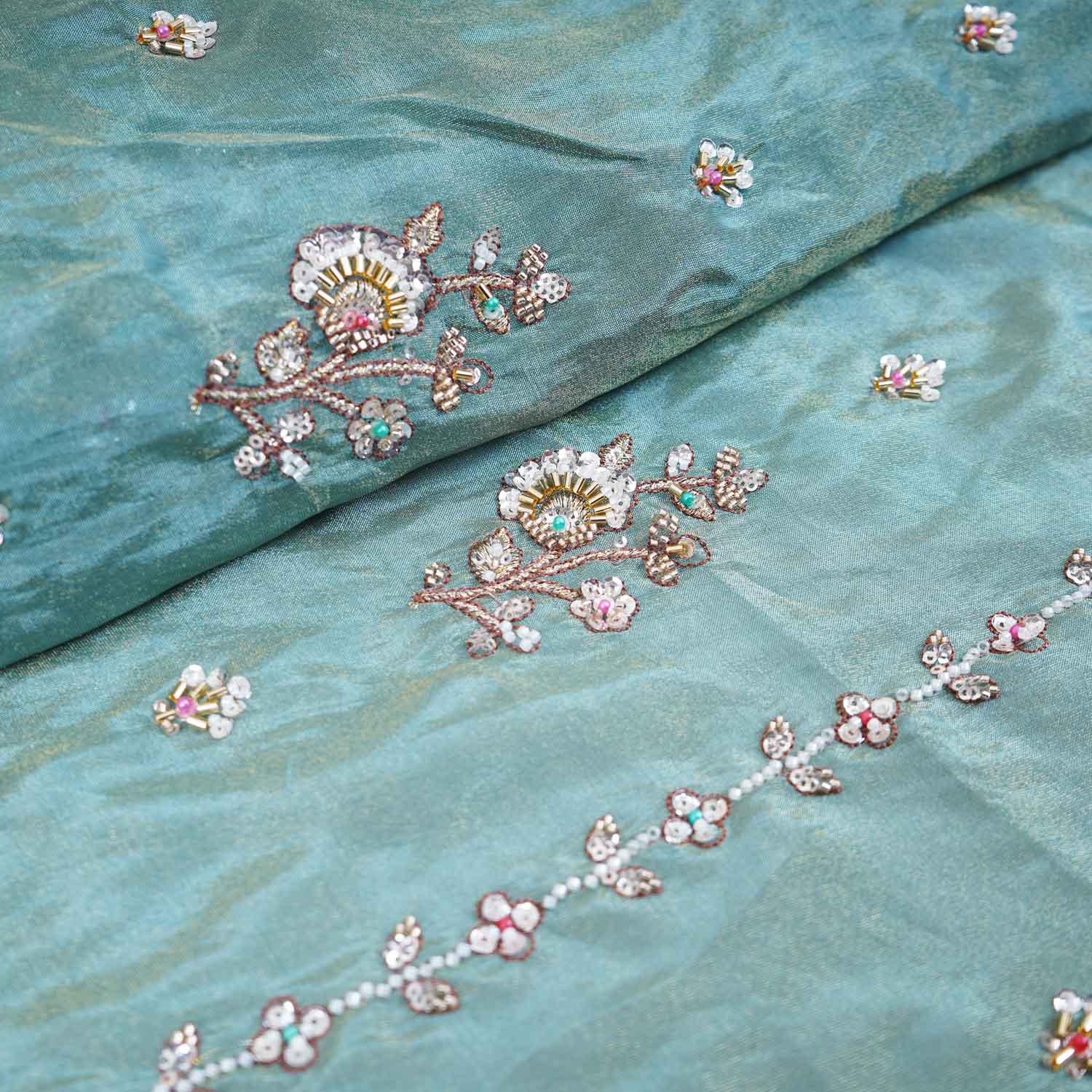 Sea Green Floral Cutdana embroidery Tissue Fabric WI-29022 - TradeUNO