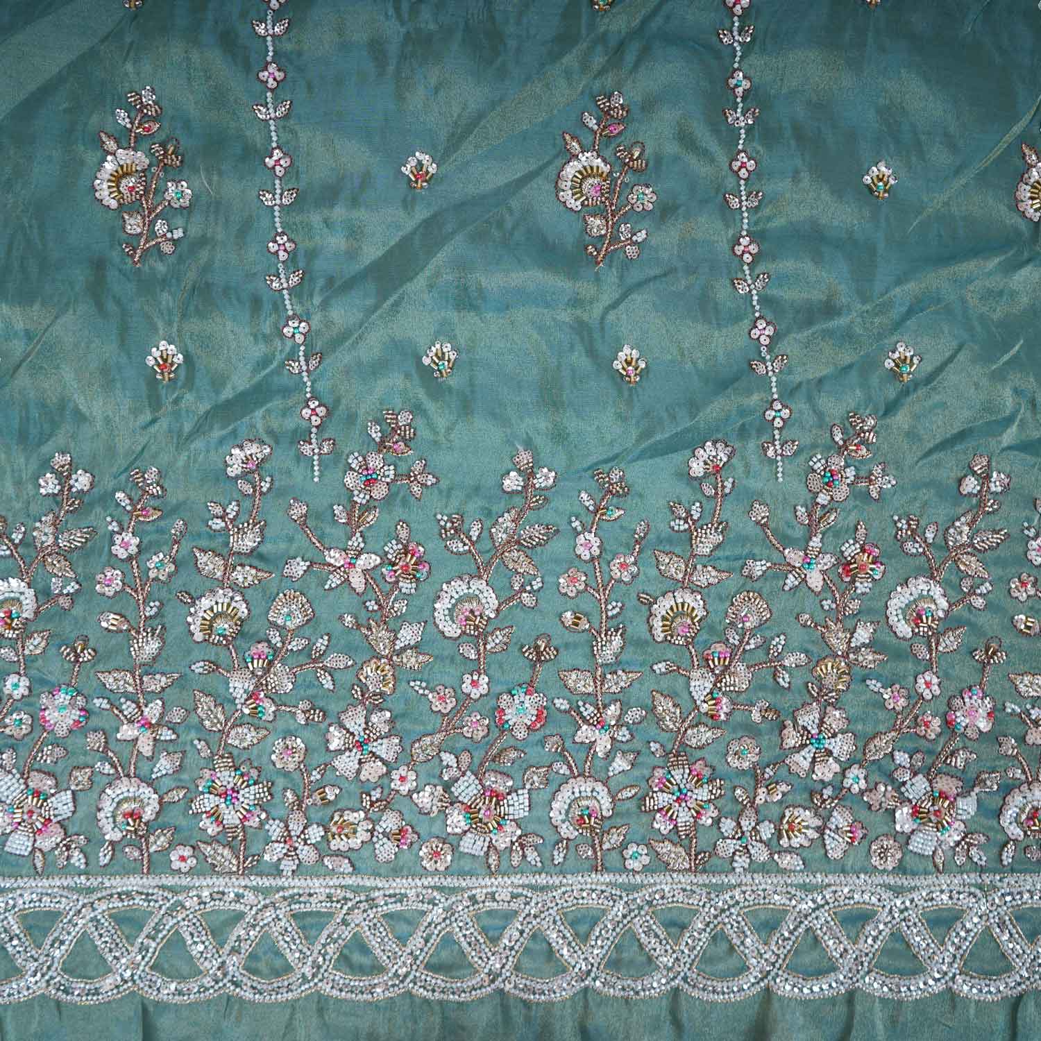Sea Green Floral Cutdana embroidery Tissue Fabric WI-29022 - TradeUNO