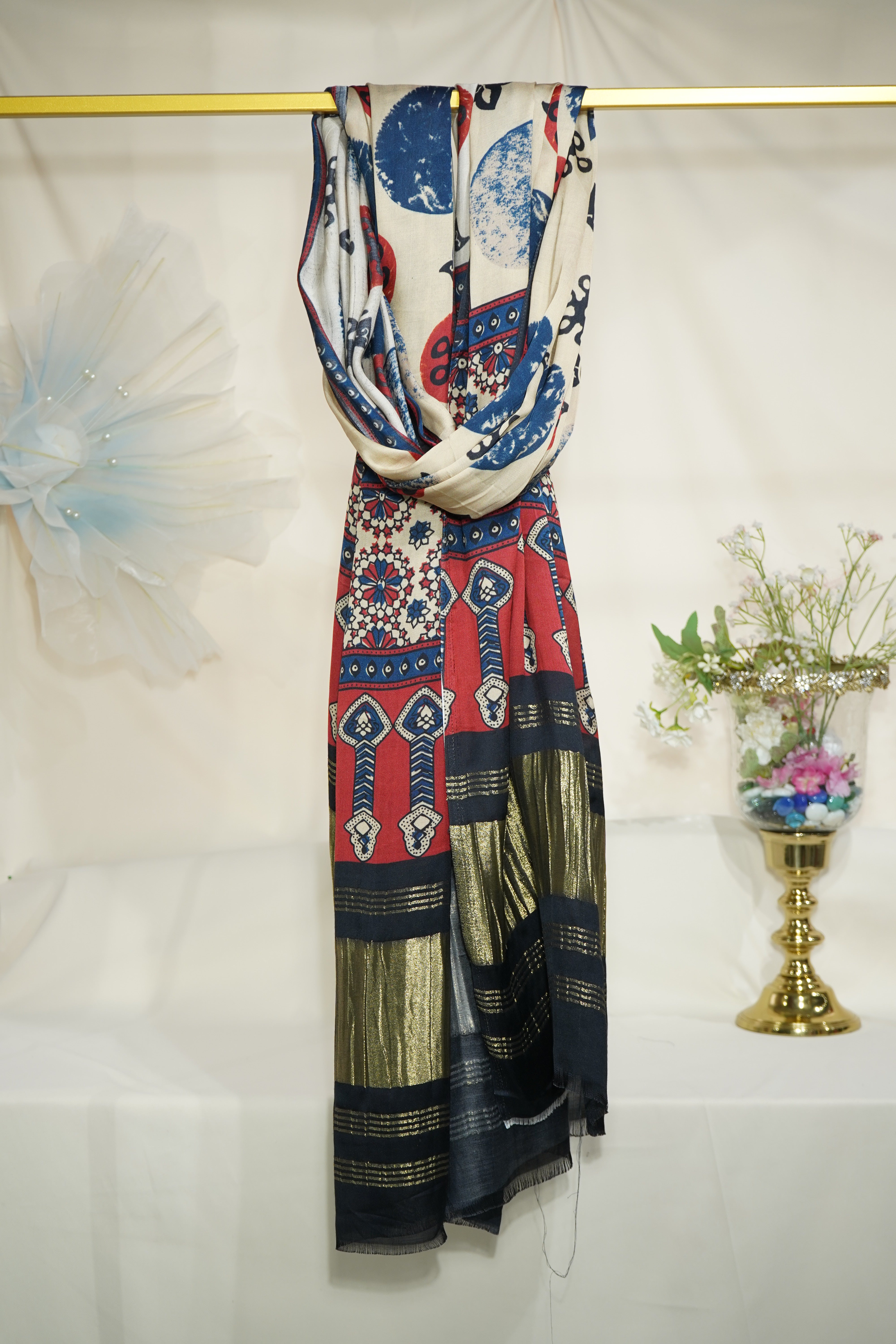 Dark Cream Floral Dupatta Gazi Silk Fabric