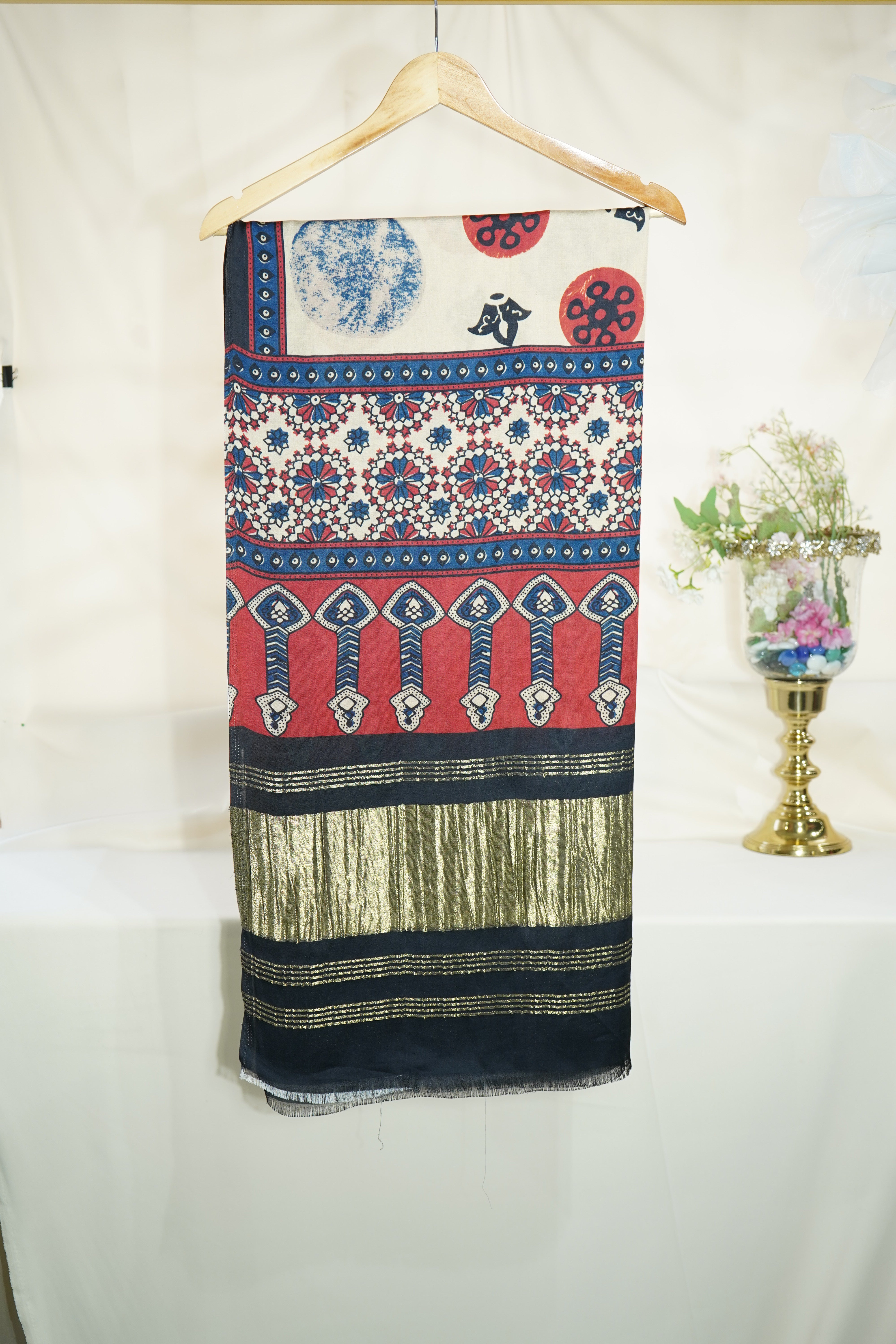 Dark Cream Floral Dupatta Gazi Silk Fabric