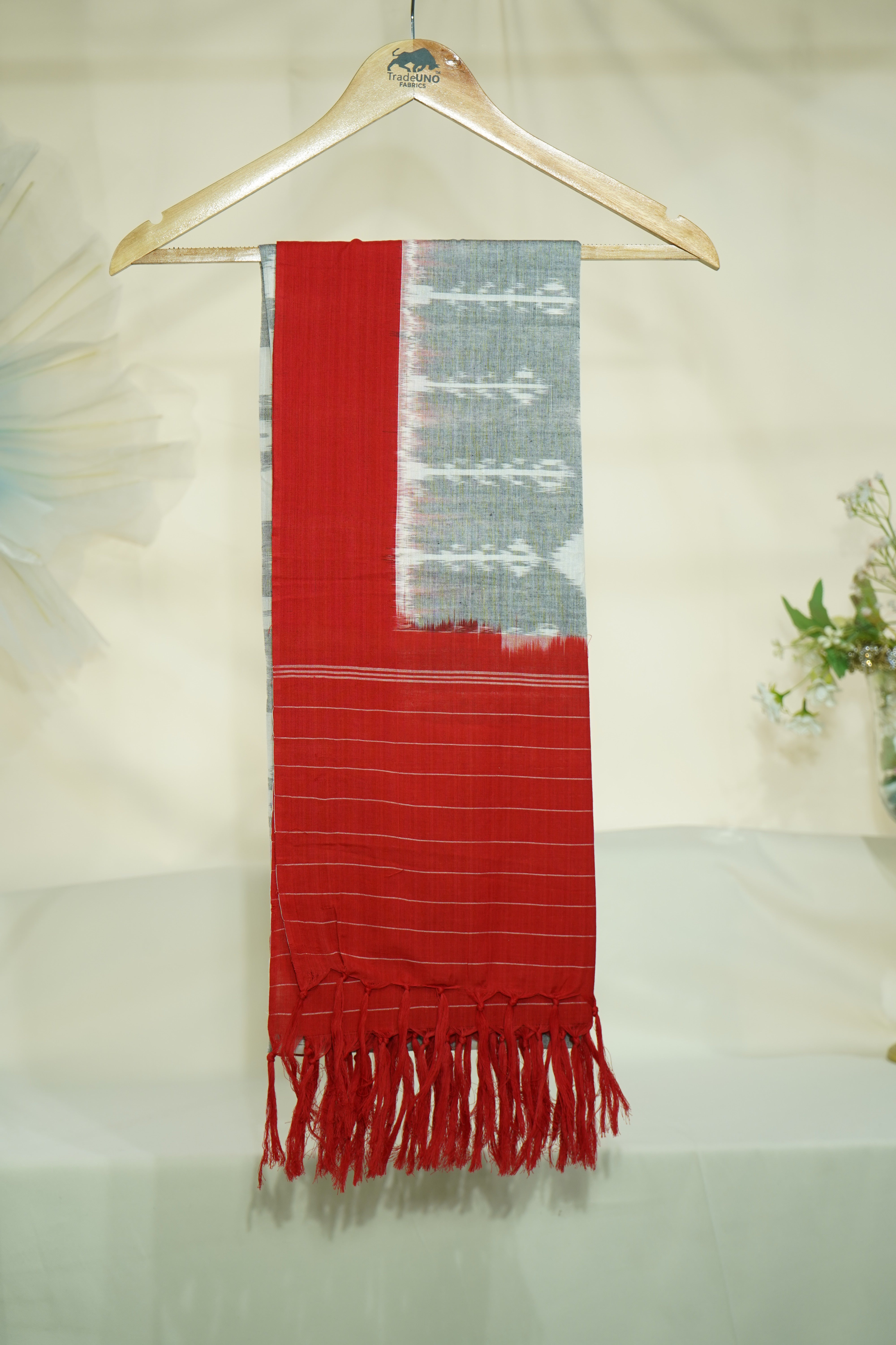 Premium  Red and Grey IKKAT Prints Dupatta Cotton Fabric