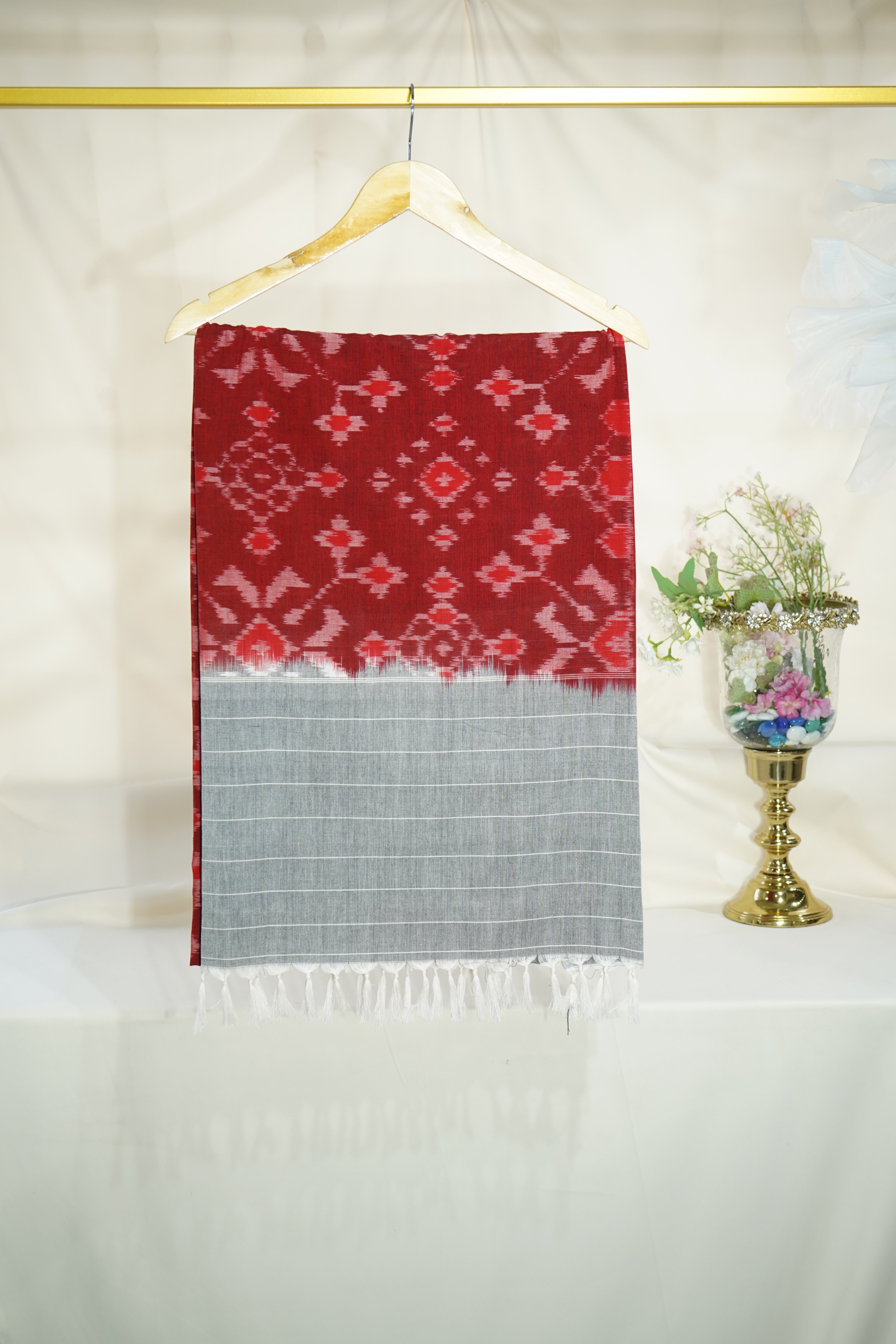 Premium  Red and Grey IKKAT Prints Dupatta Cotton Fabric