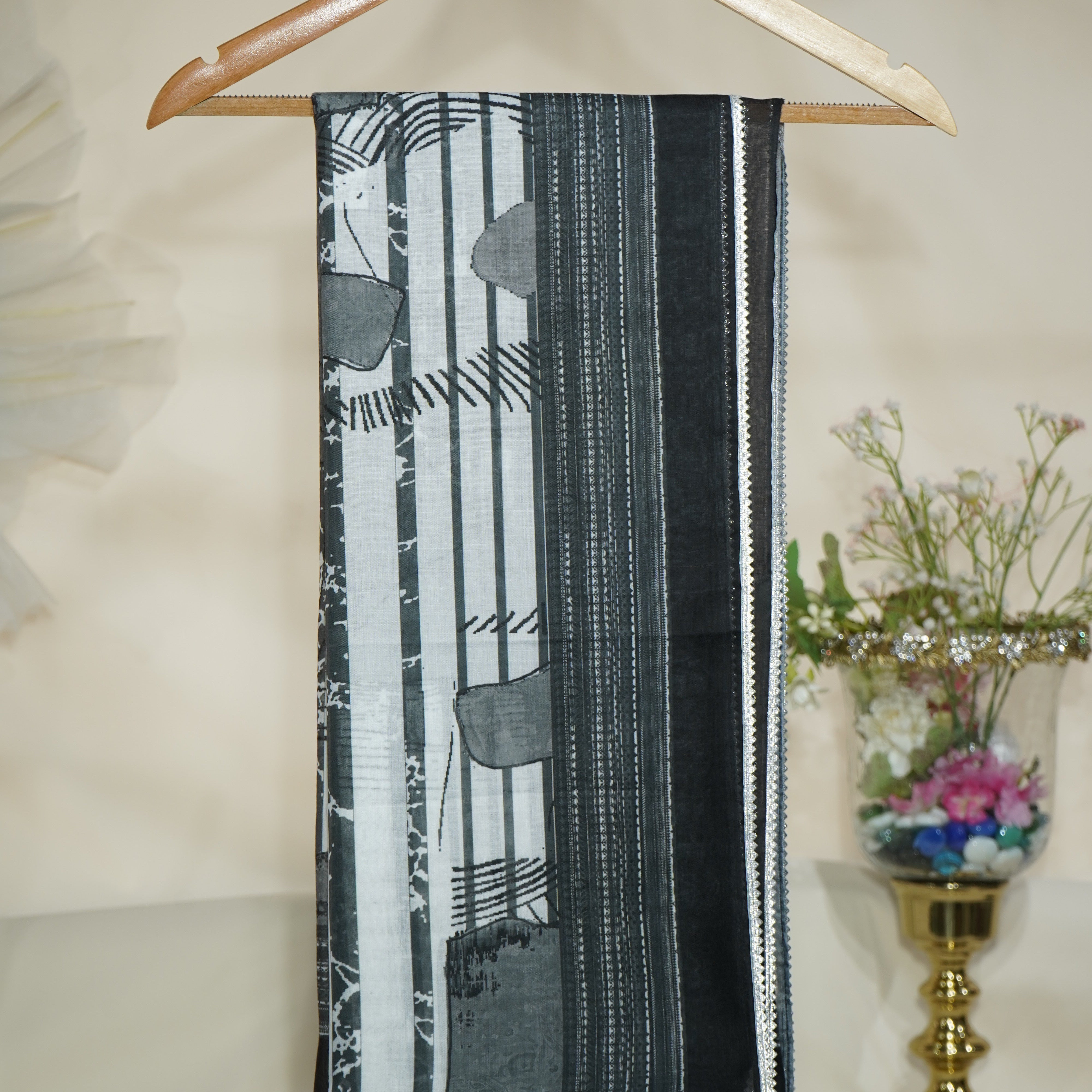 Black White Abstract Print Muslin Dupatta