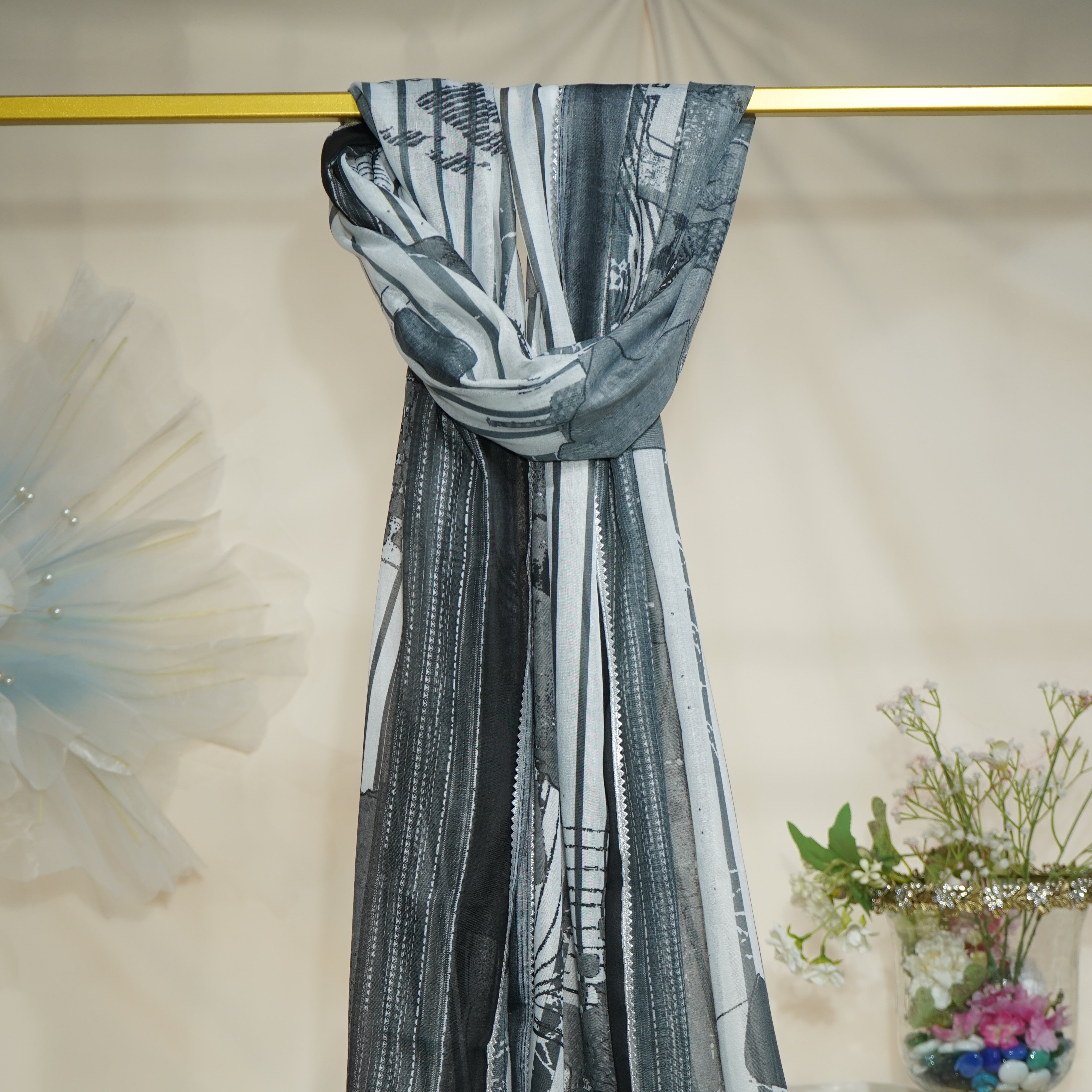 Black Grey Abstract Print Muslin Dupatta