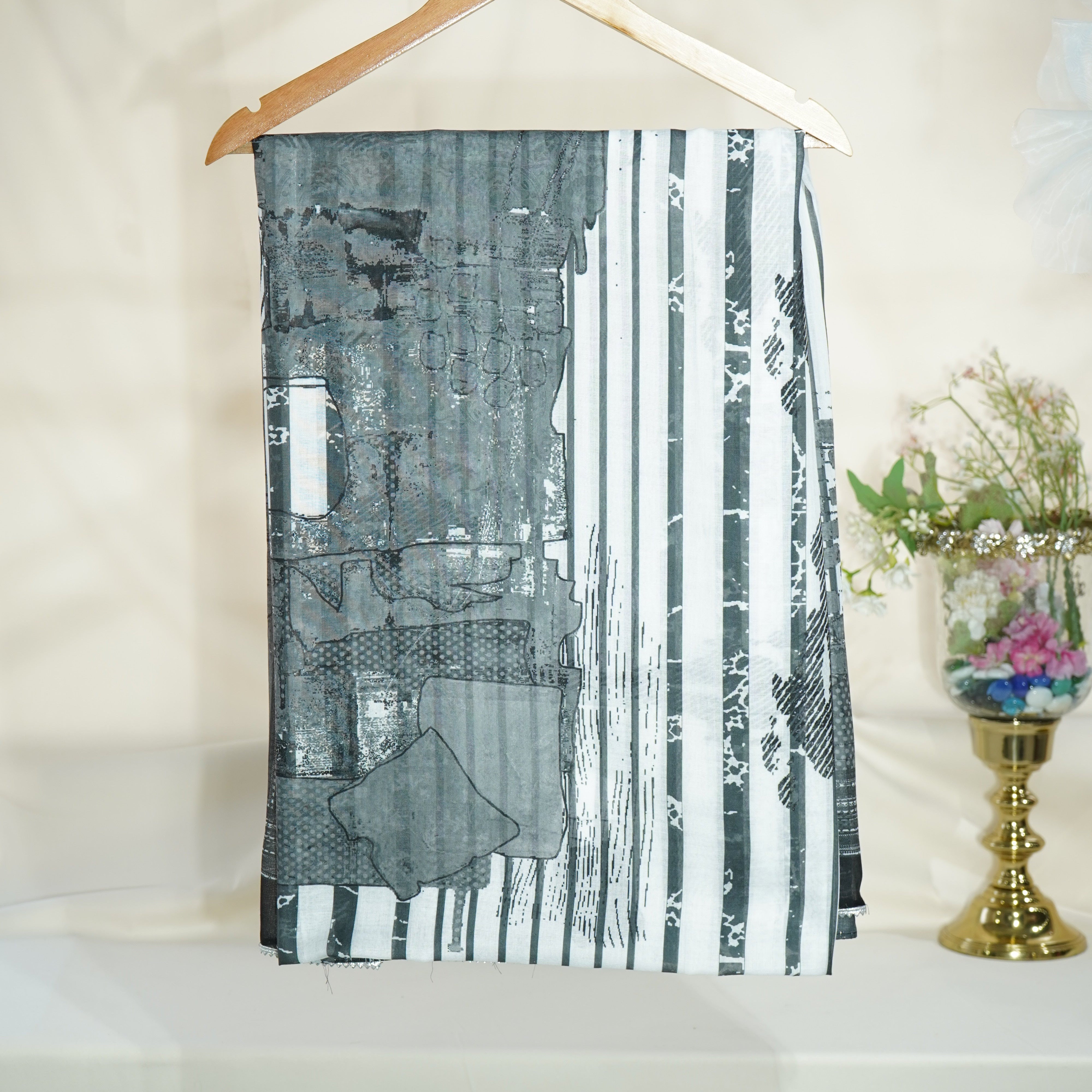 Black Grey Abstract Print Muslin Dupatta