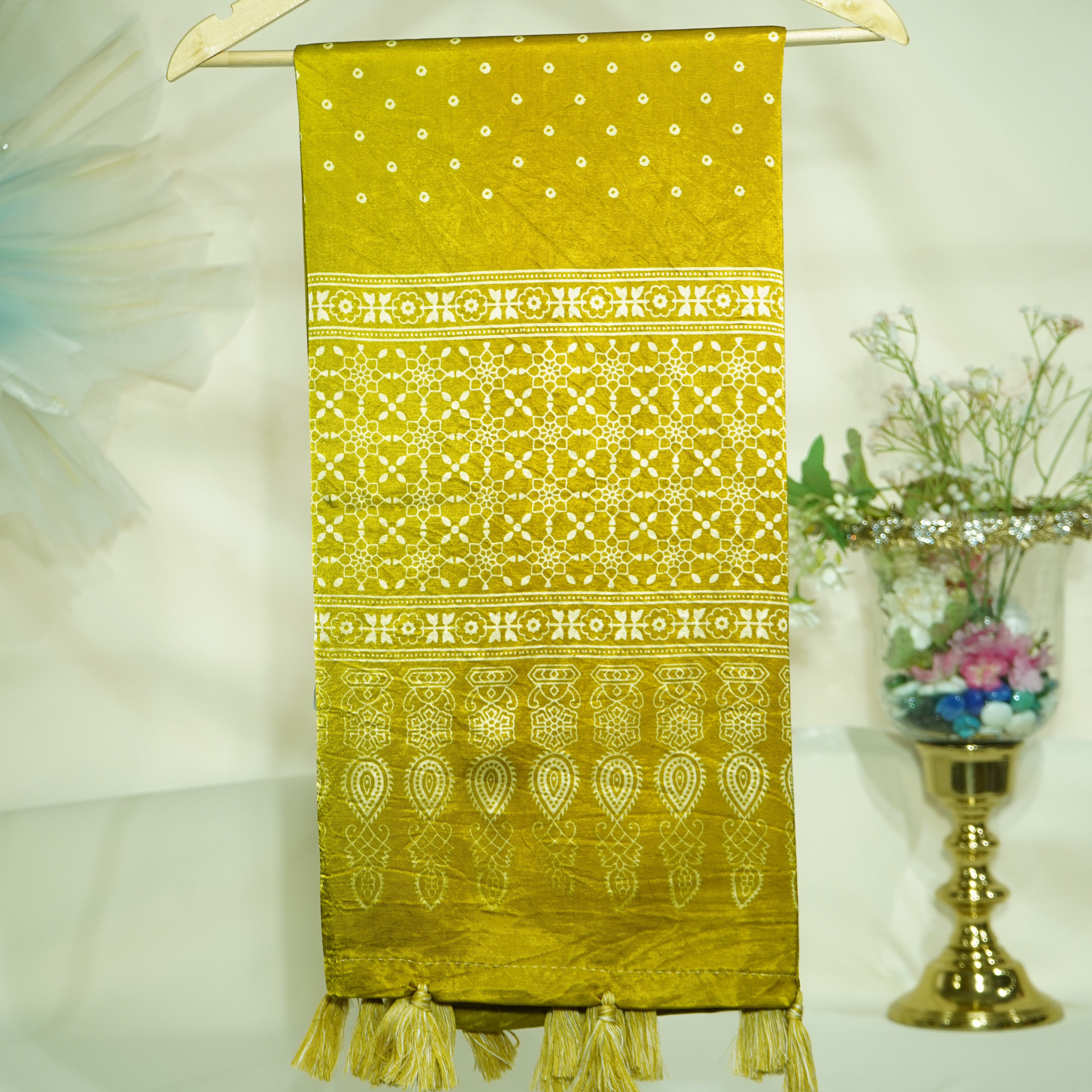 Mustard Floral Dupatta Mashru Silk Fabric