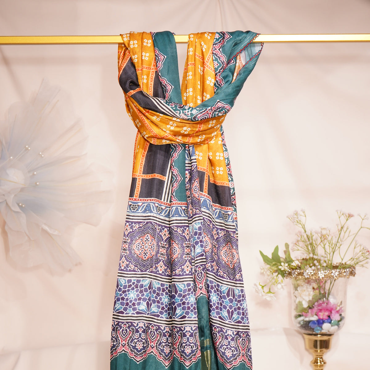 Yellow Multicolor Bandhani Print Dupatta Gaji Silk Fabric