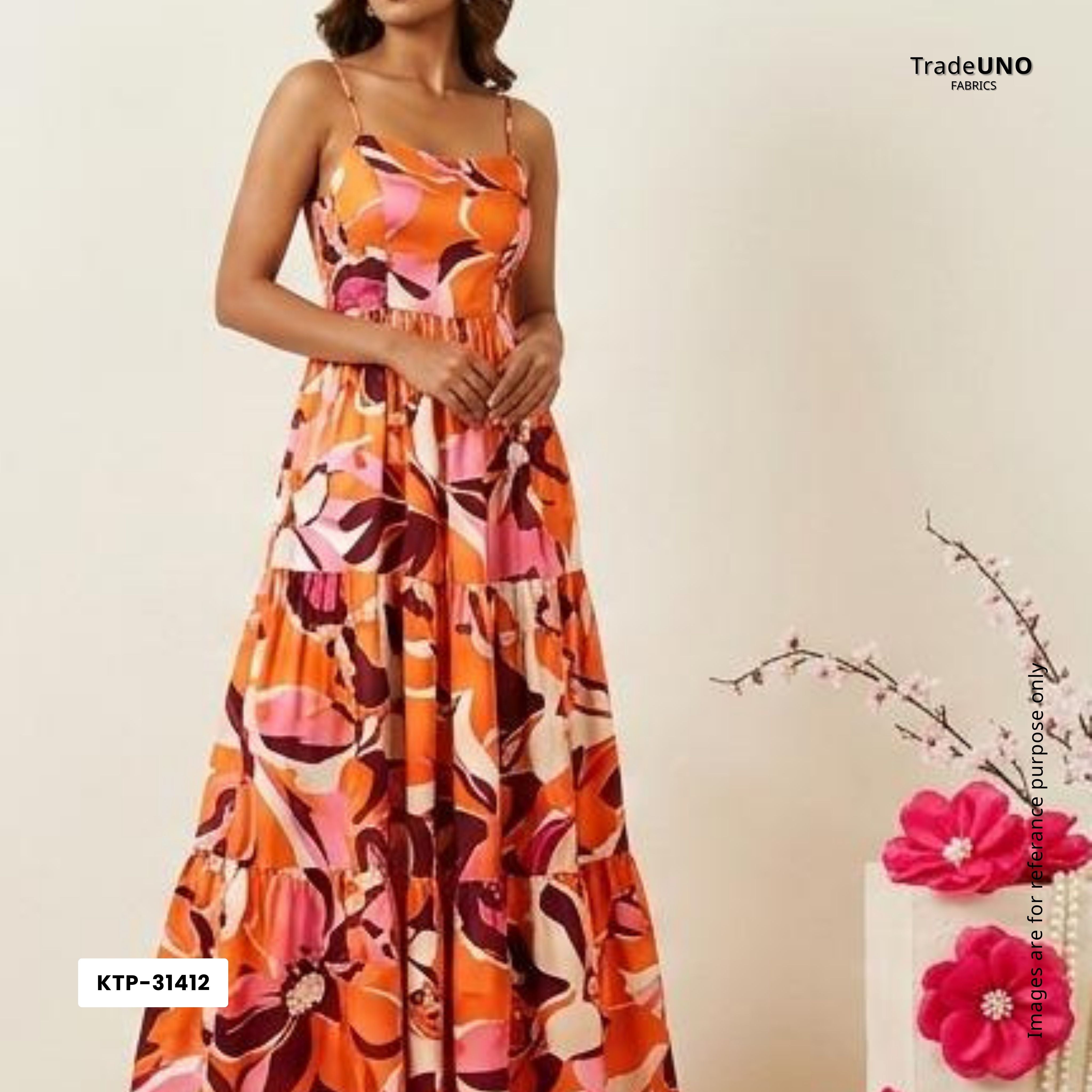 Orange floral print Bemberg Modal Silk Fabric KTP-31412 - TradeUNO