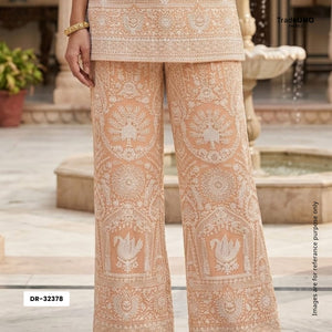 Peach Parsi Gara Embroidery Georgette Fabric DR-32378 - TradeUNO
