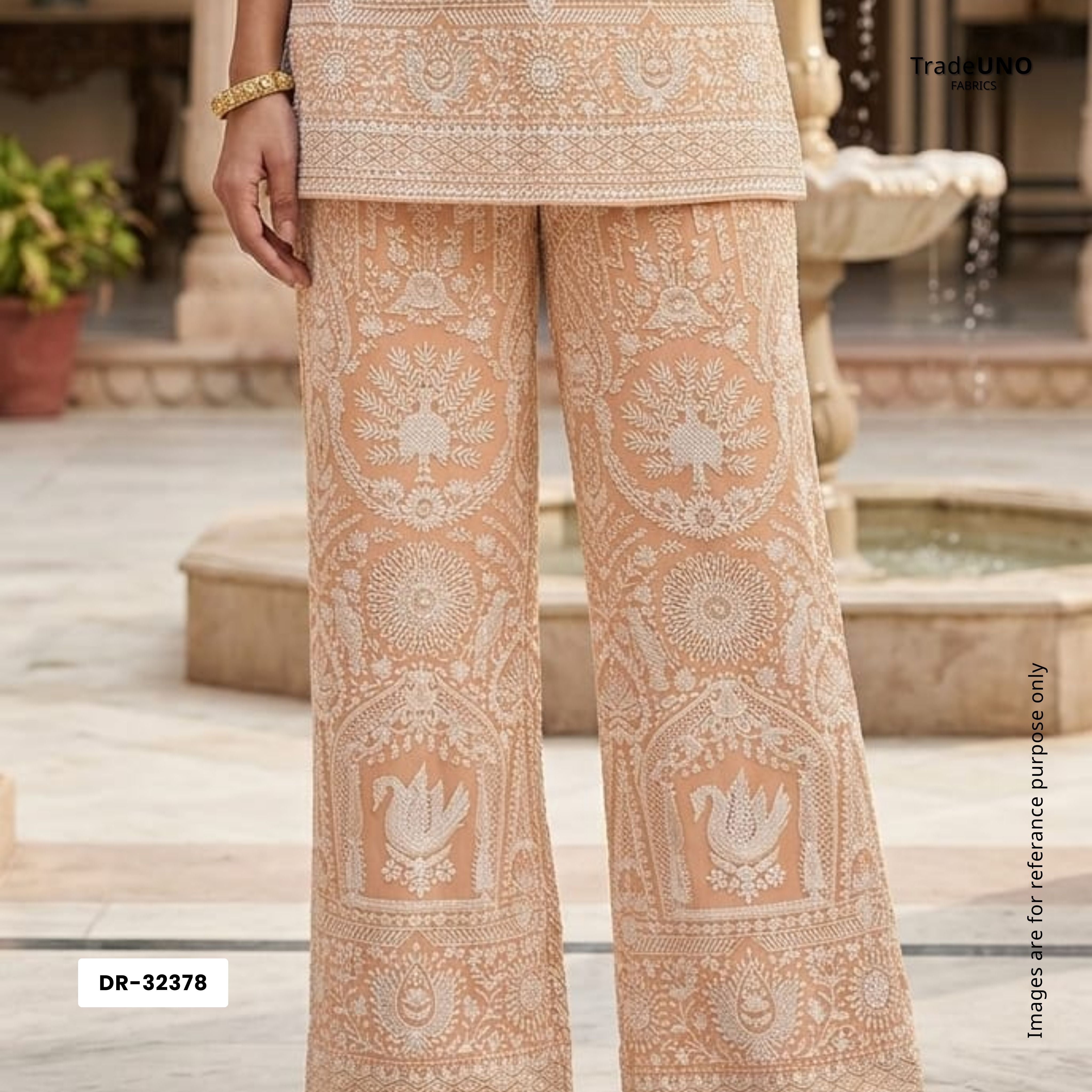 Peach Parsi Gara Embroidery Georgette Fabric DR-32378 - TradeUNO