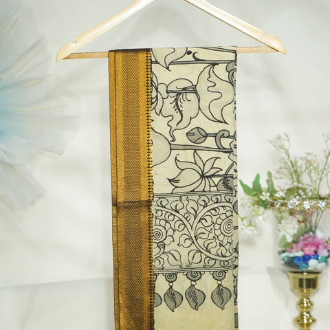 Premium Golden Kalamkari Prints Pen Kalamkari Dupatta Fabric