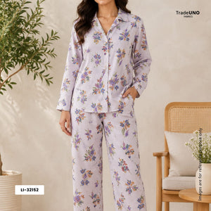 White With Lavender Floral Print Cotton Schiffli Fabric LI-32152 - TradeUNO
