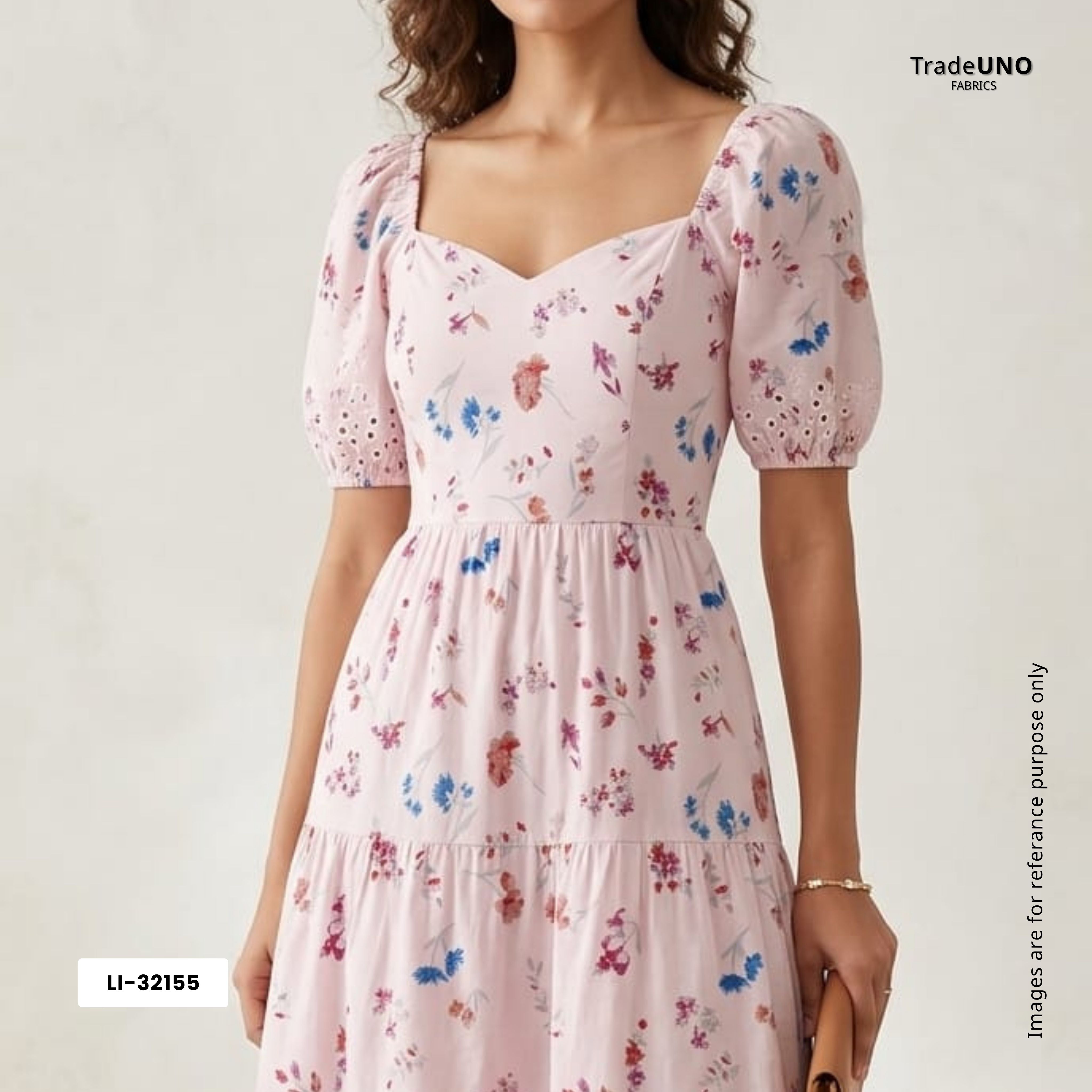 Pink With Blue Floral Print Cotton Schiffli Fabric LI-32155 - TradeUNO