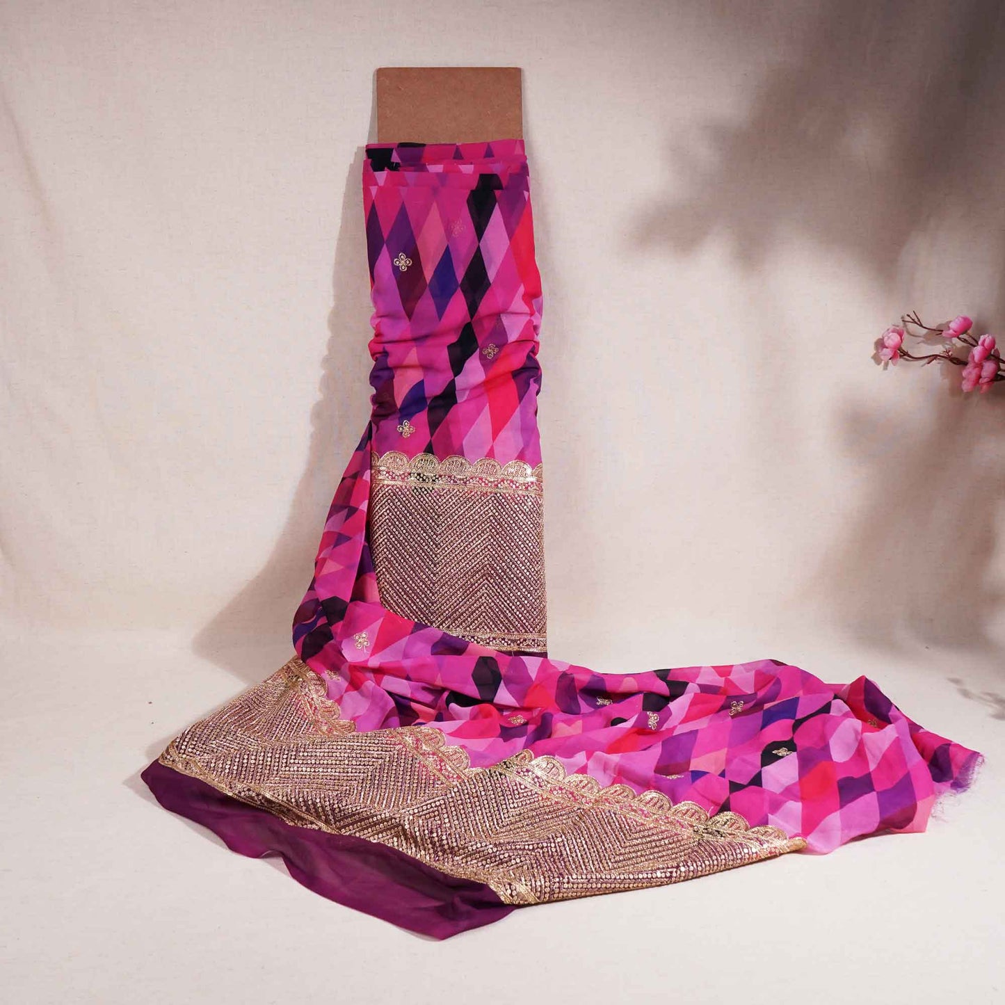 Pink Geometrical Print Sequence Embroidery Georgette SSC-11978