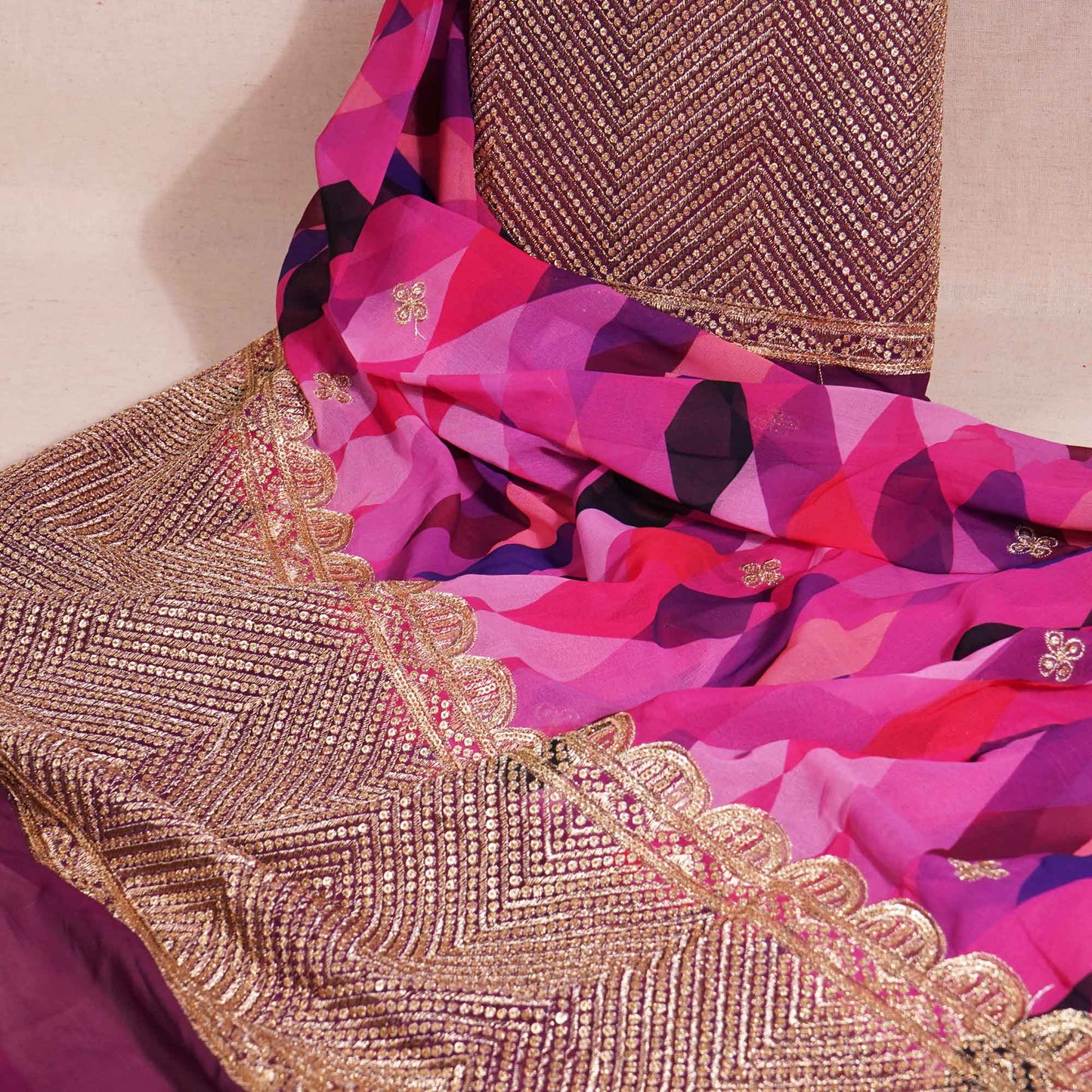 Pink Geometrical Print Sequence Embroidery Georgette SSC-11978