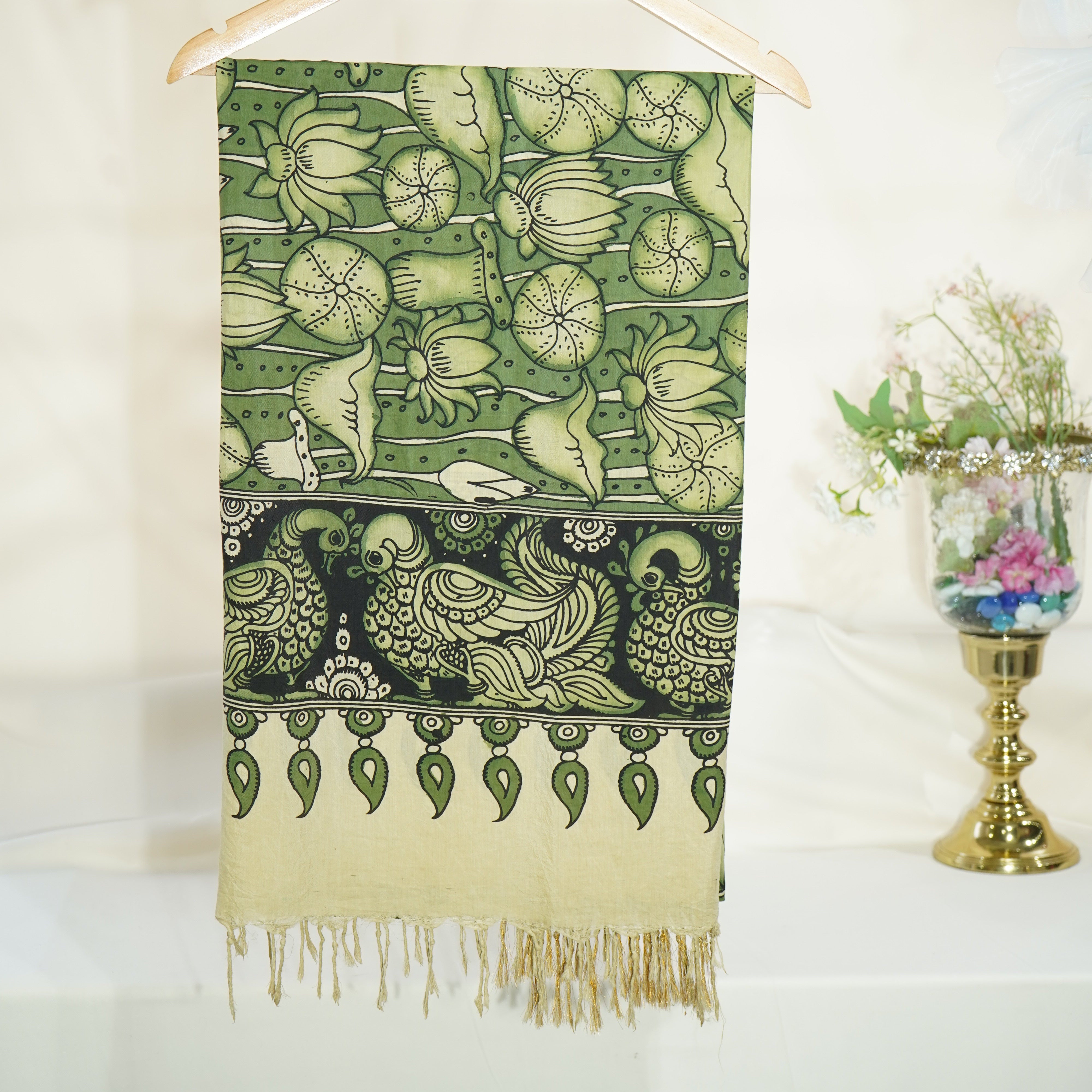Premium Dark Green kalamkari Prints Pen Kalamkari Dupatta Fabric