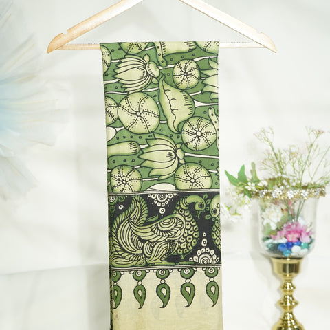 Premium Dark Green kalamkari Prints Pen Kalamkari Dupatta Fabric