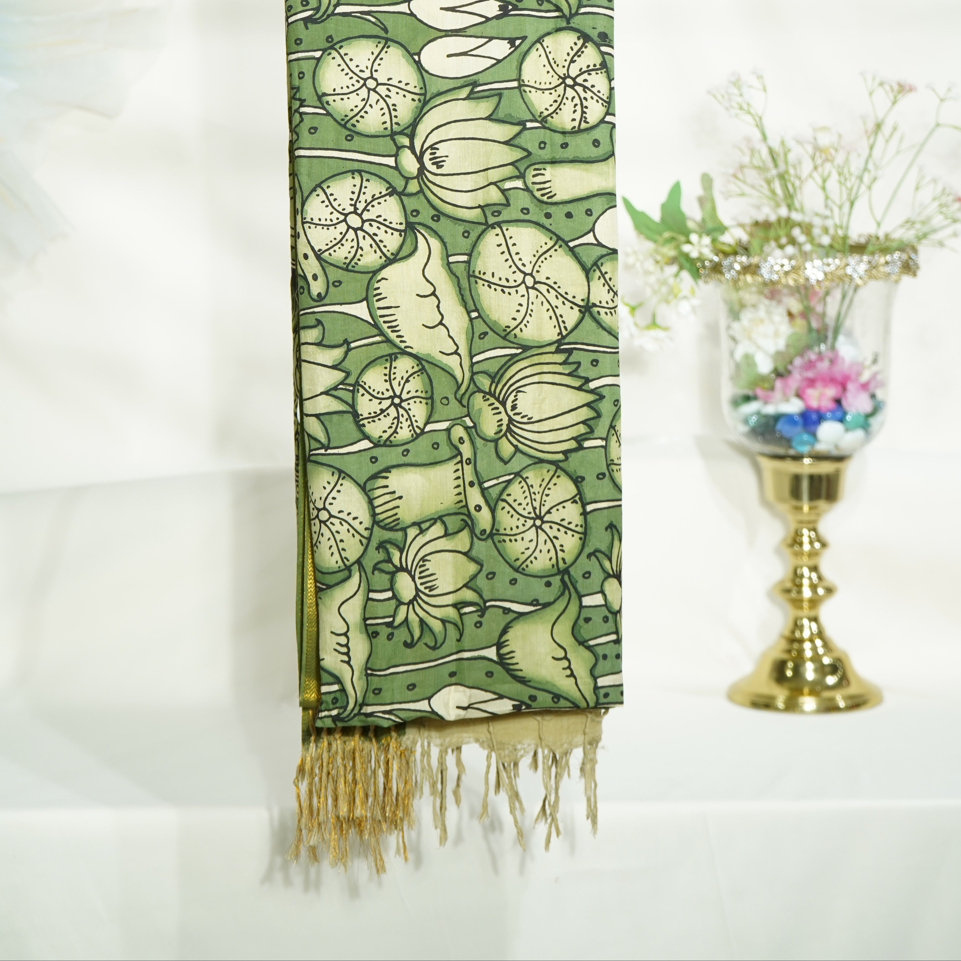 Premium Dark Green kalamkari Prints Pen Kalamkari Dupatta Fabric