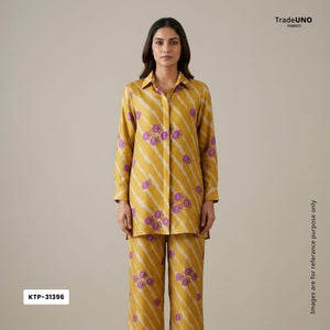 Mustard floral Bandhani print Bemberg Modal Silk Fabric KTP-31396 - TradeUNO