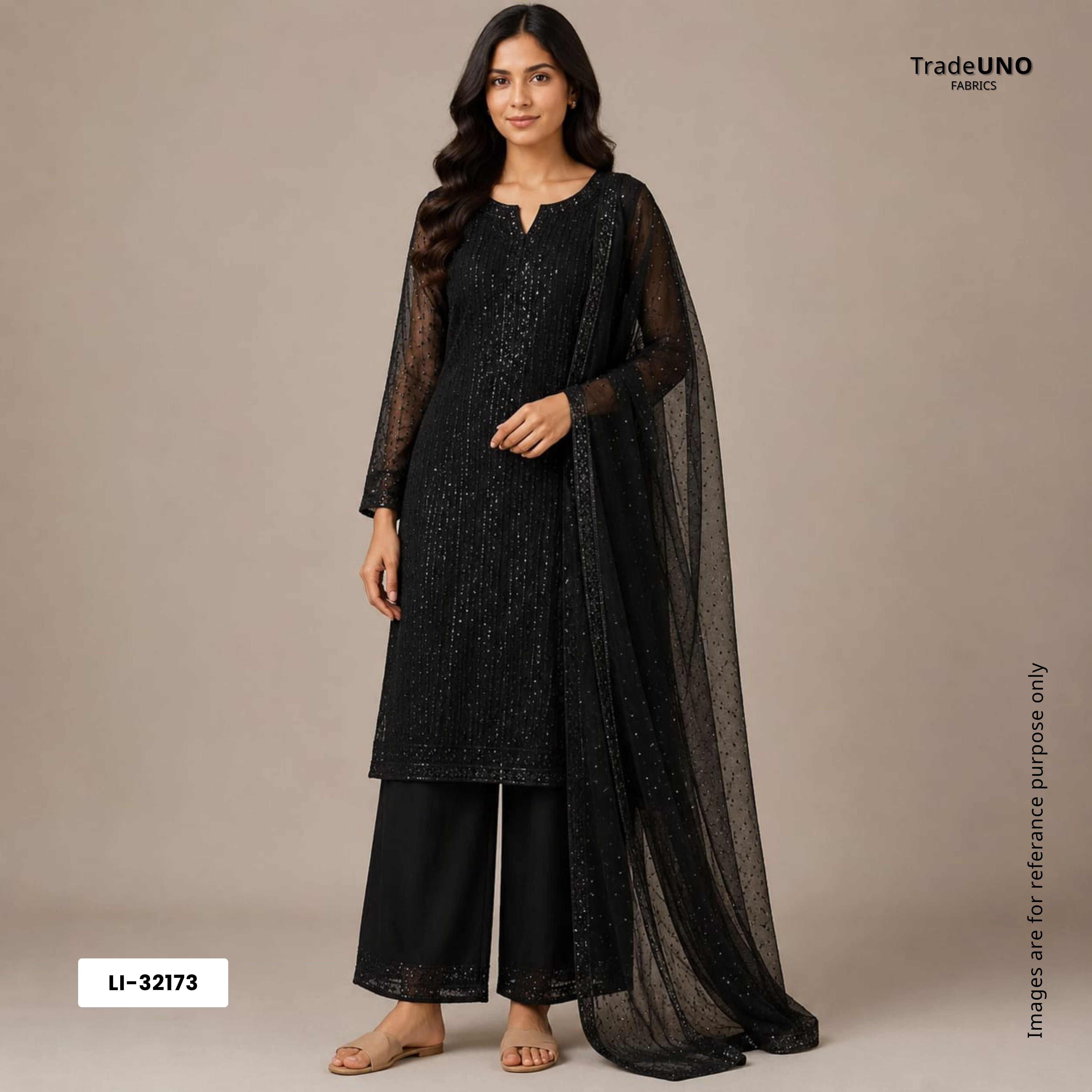 Black Sequins Embroidery Net Fabric LI-32173 - TradeUNO