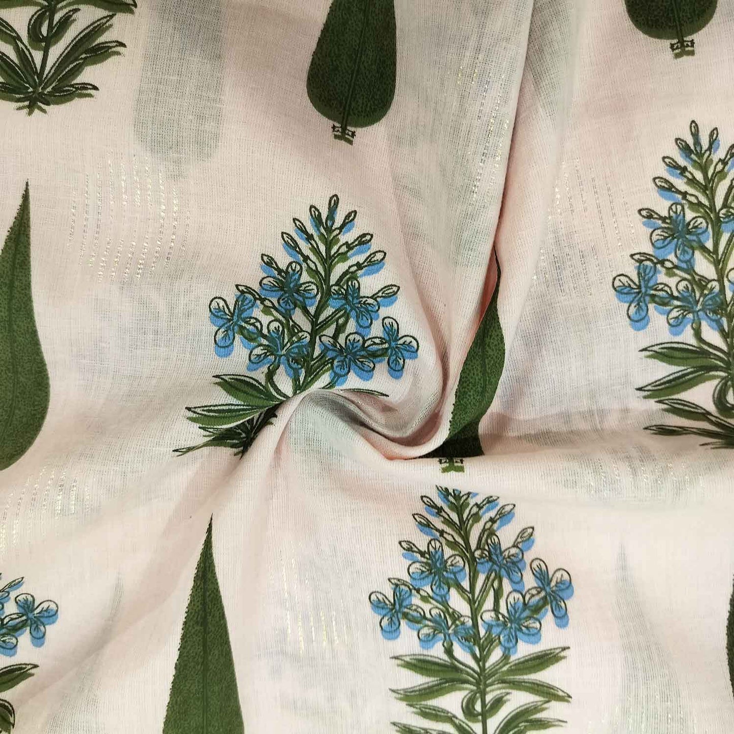 Peach Pink & Green Floral With Lurex Cotton DE-12028