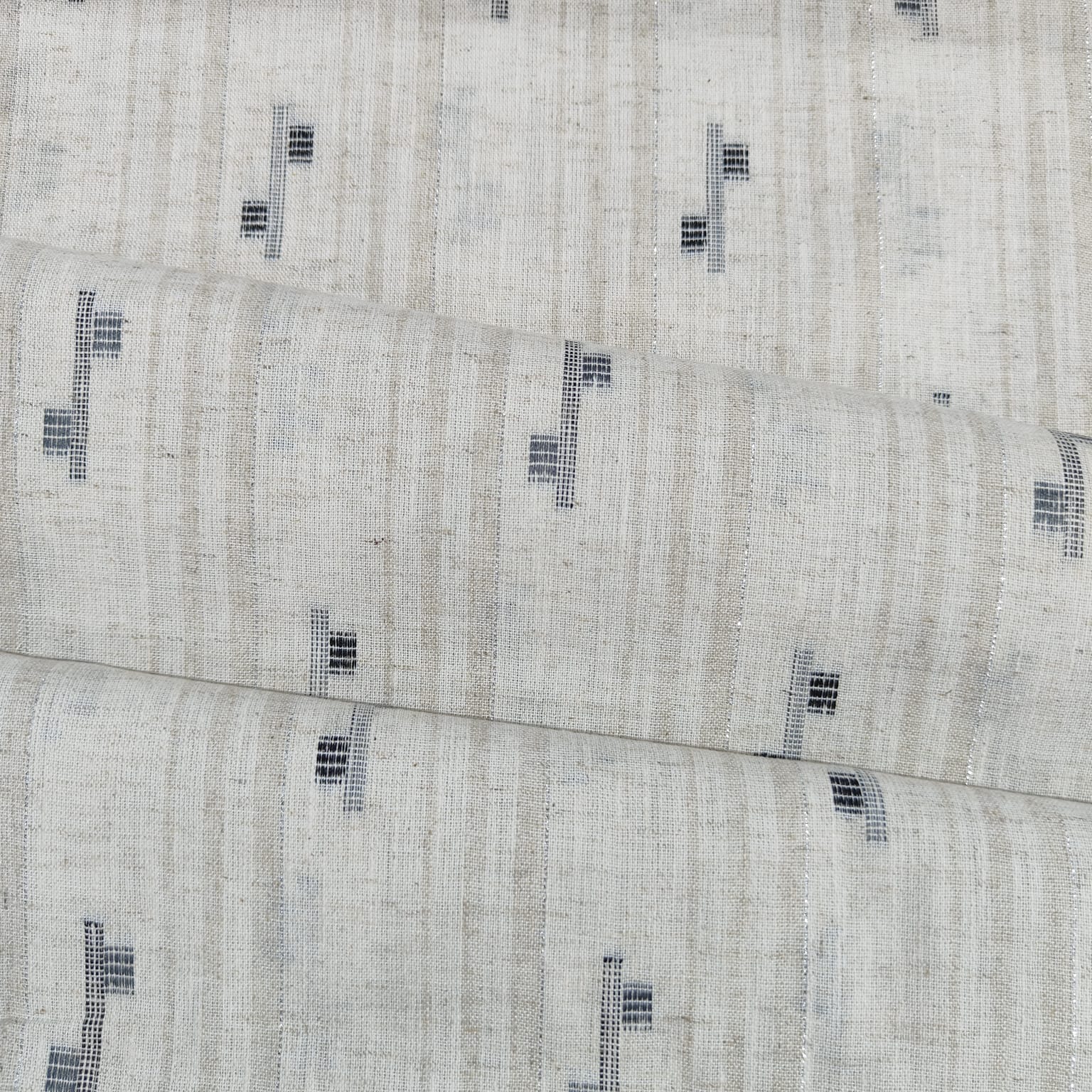 Cream & Black Handblock With Lurex Cotton Fabric 12036